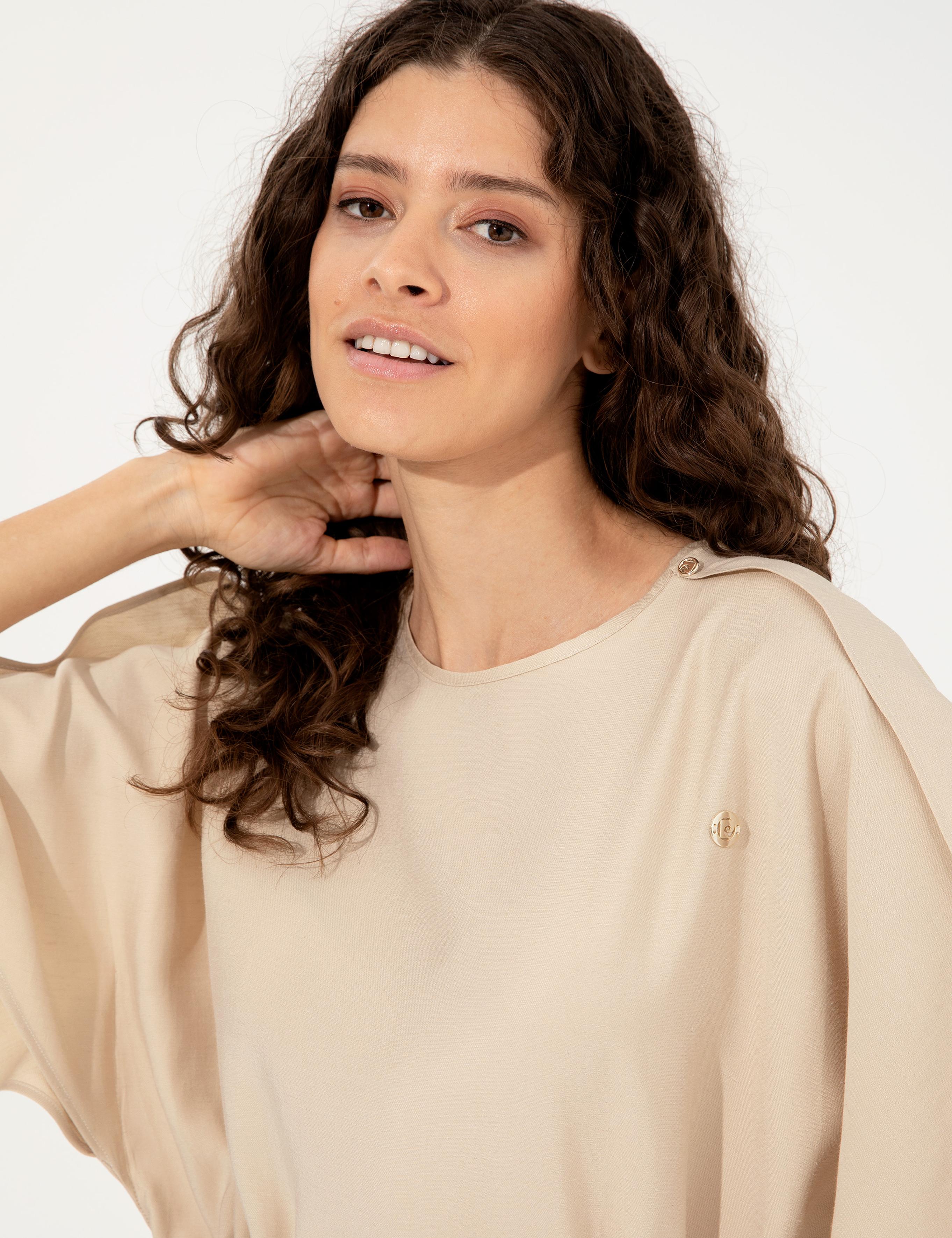 Bej Keten Karışımlı Bluz