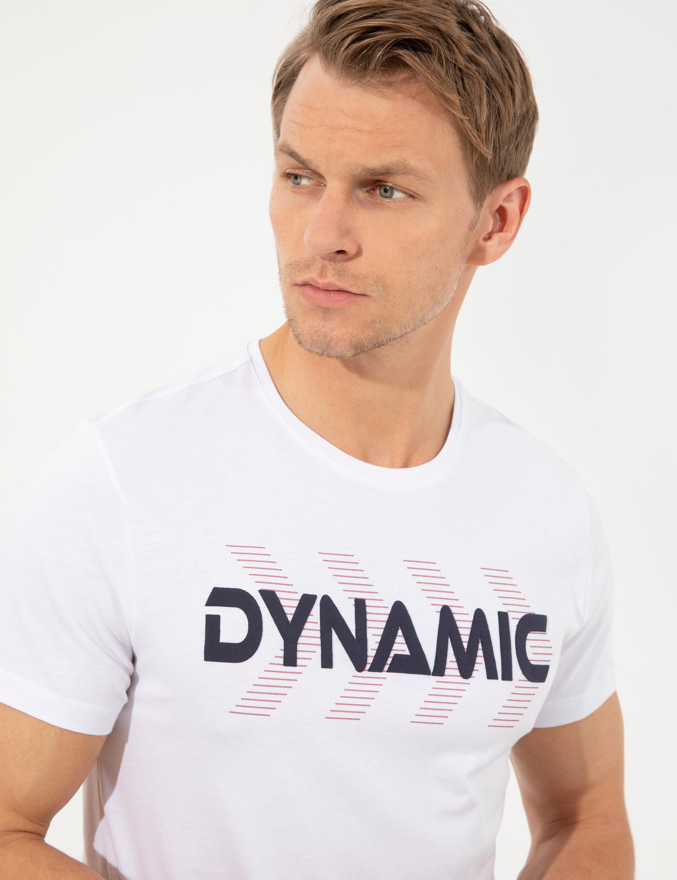 Beyaz Slim Fit Baskılı Bisiklet Yaka Tişört