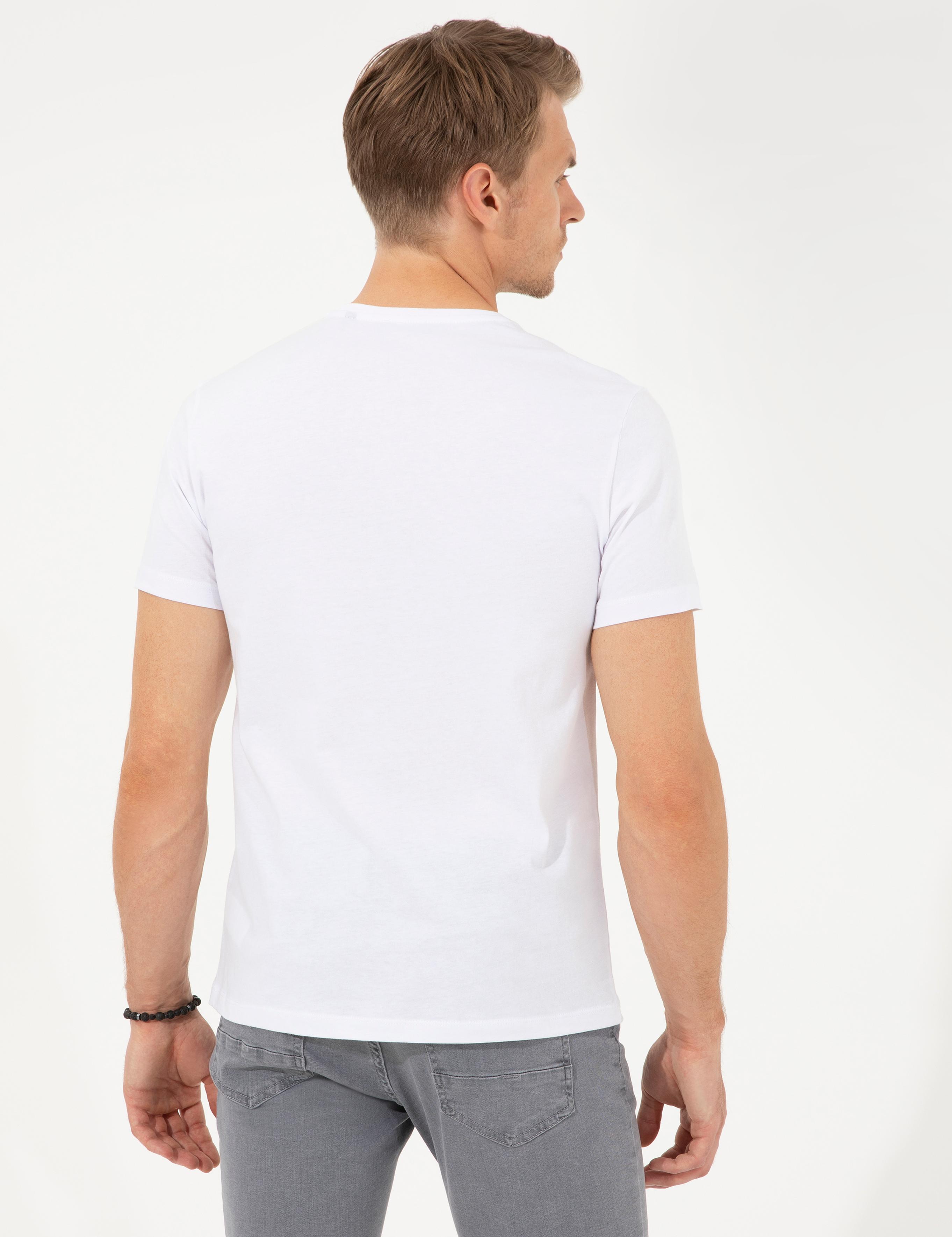 Beyaz Slim Fit Baskılı Bisiklet Yaka Tişört