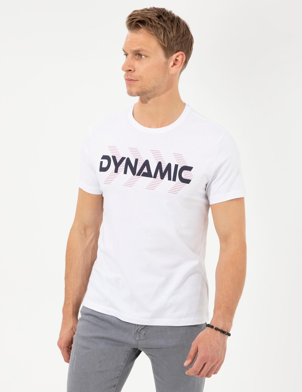 Beyaz Slim Fit Baskılı Bisiklet Yaka Tişört - 50254024003