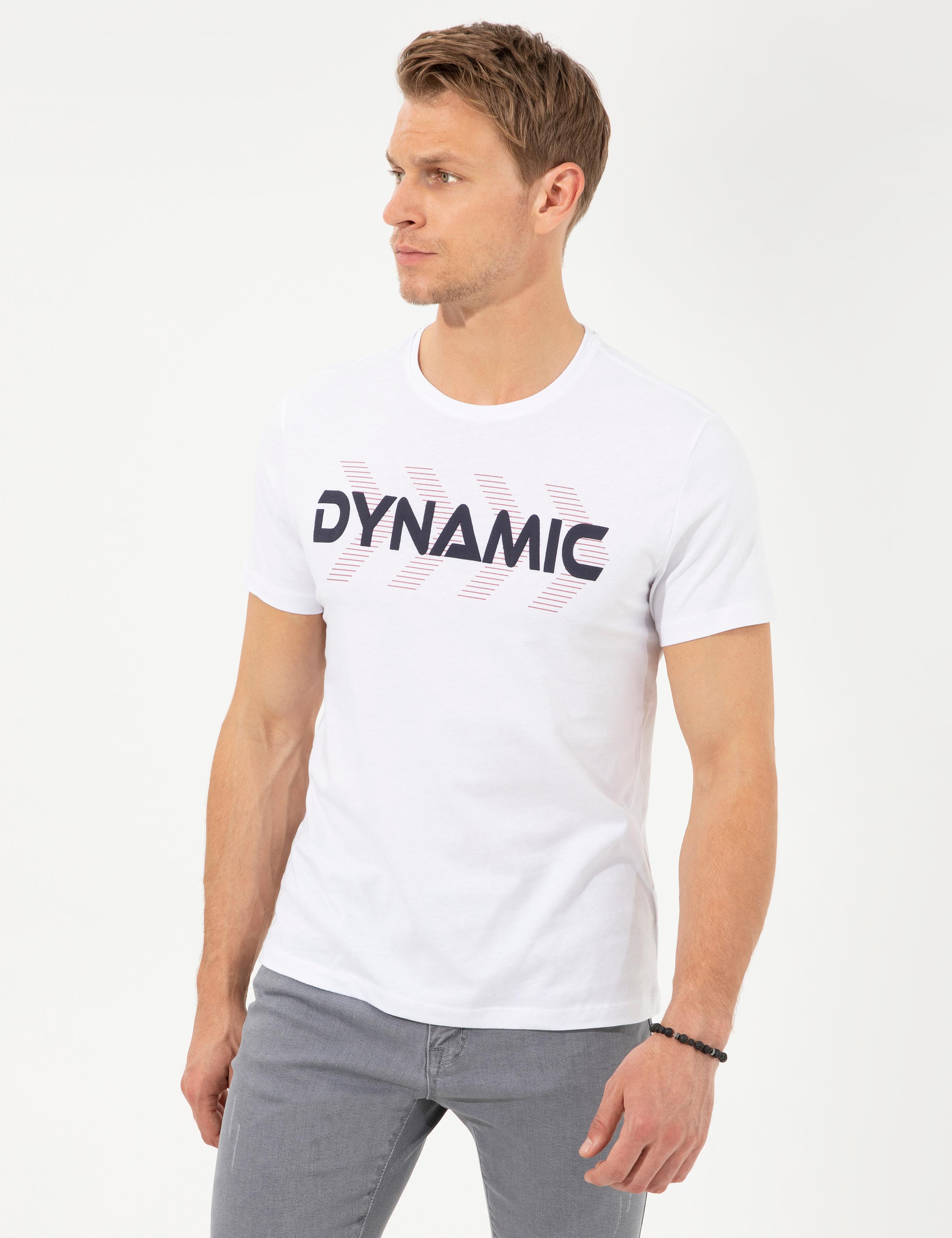 Beyaz Slim Fit Baskılı Bisiklet Yaka Tişört