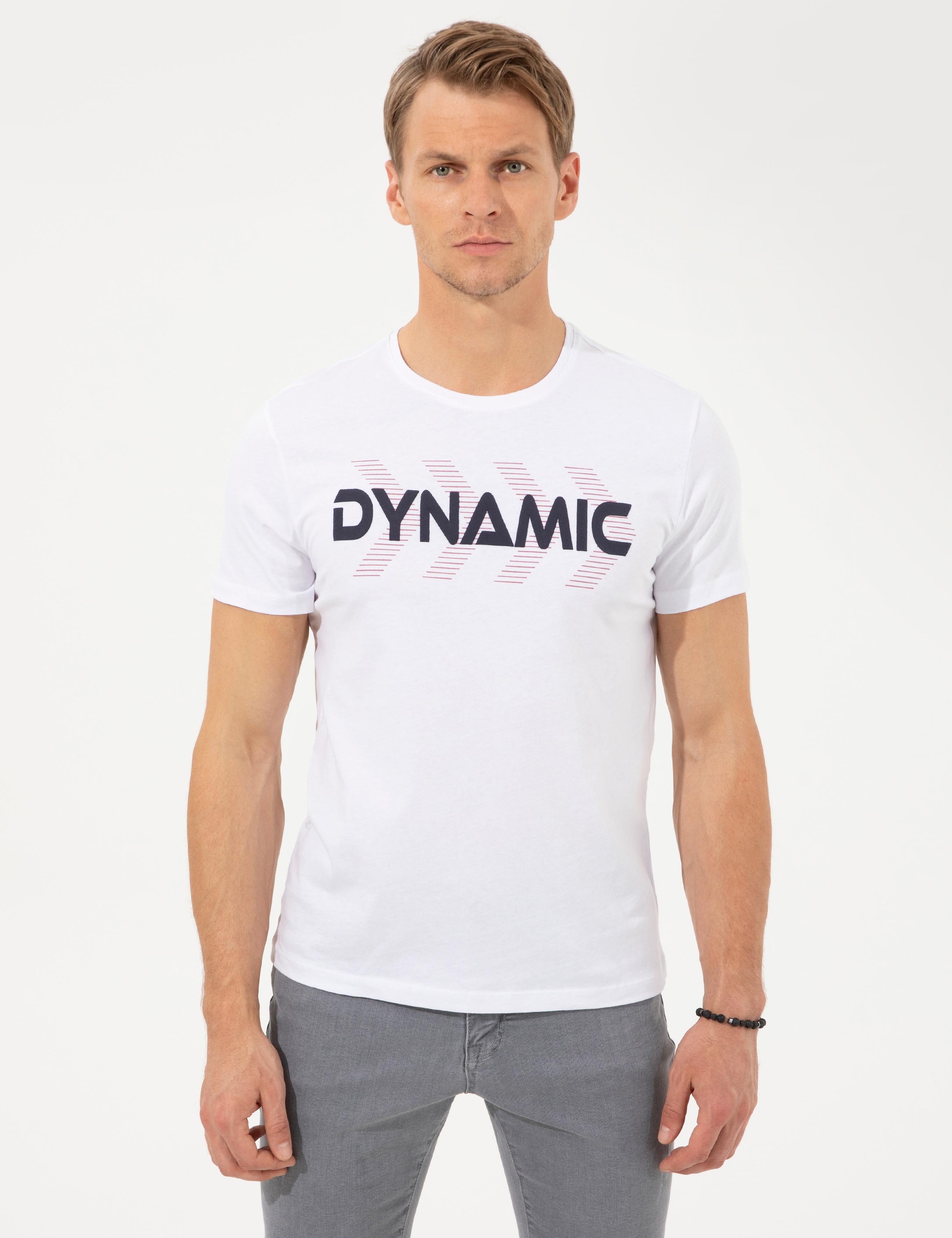 Beyaz Slim Fit Baskılı Bisiklet Yaka Tişört