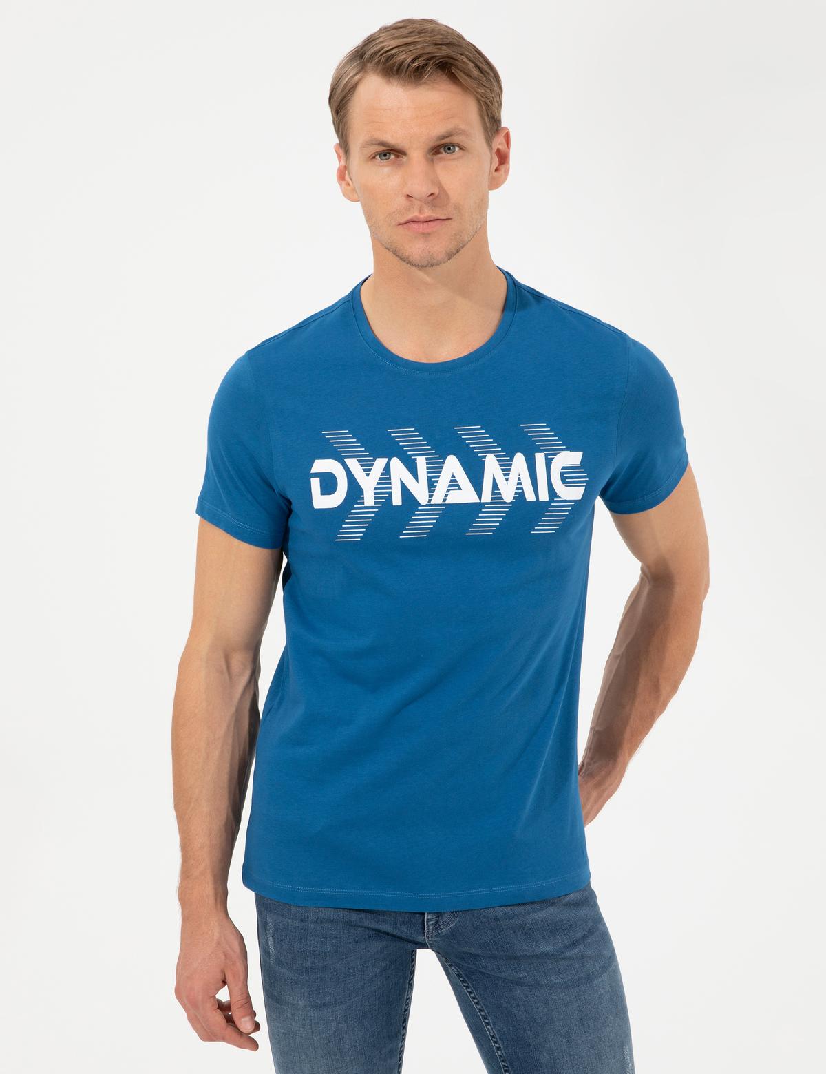 Lacivert Slim Fit Baskılı Bisiklet Yaka Tişört