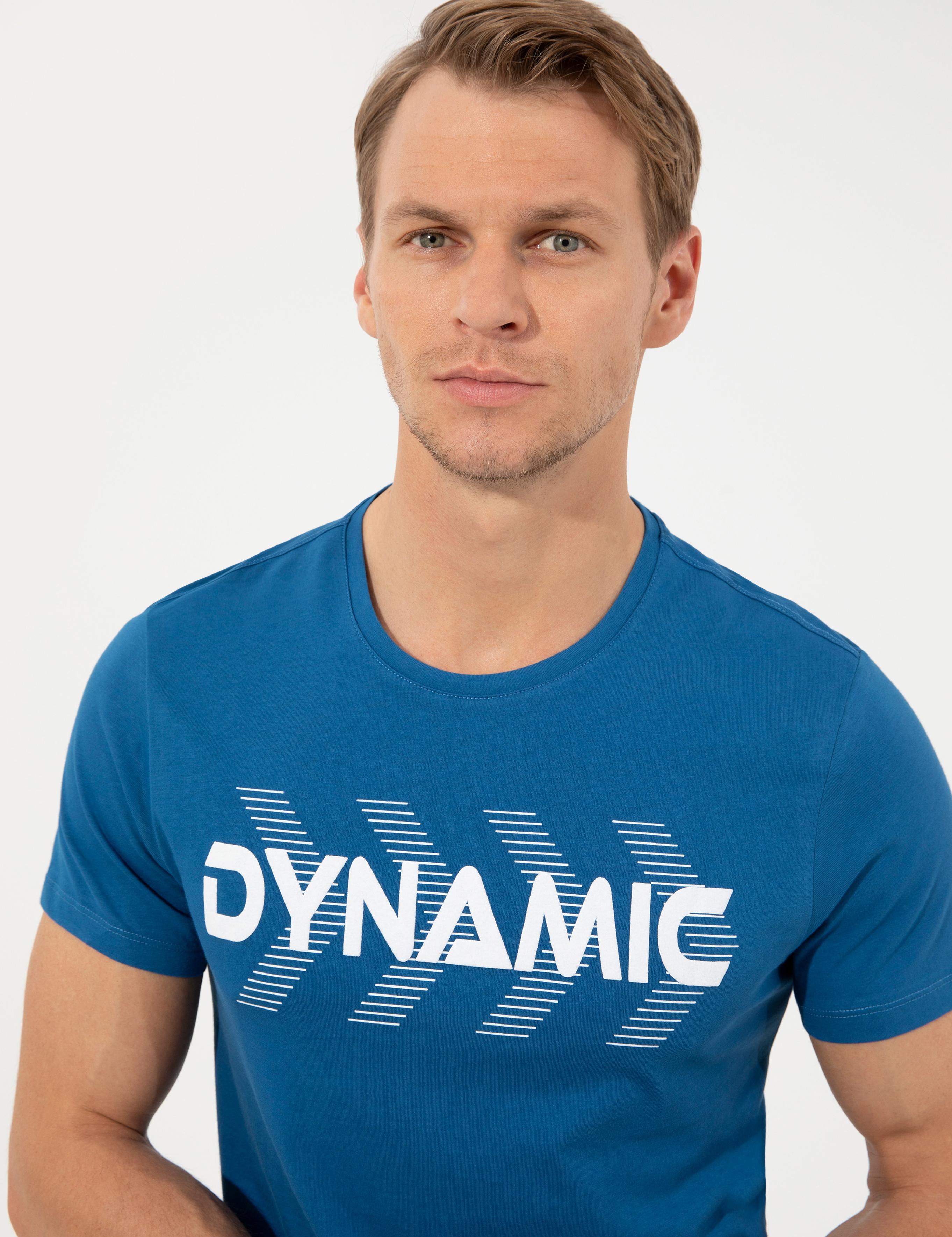 Lacivert Slim Fit Baskılı Bisiklet Yaka Tişört