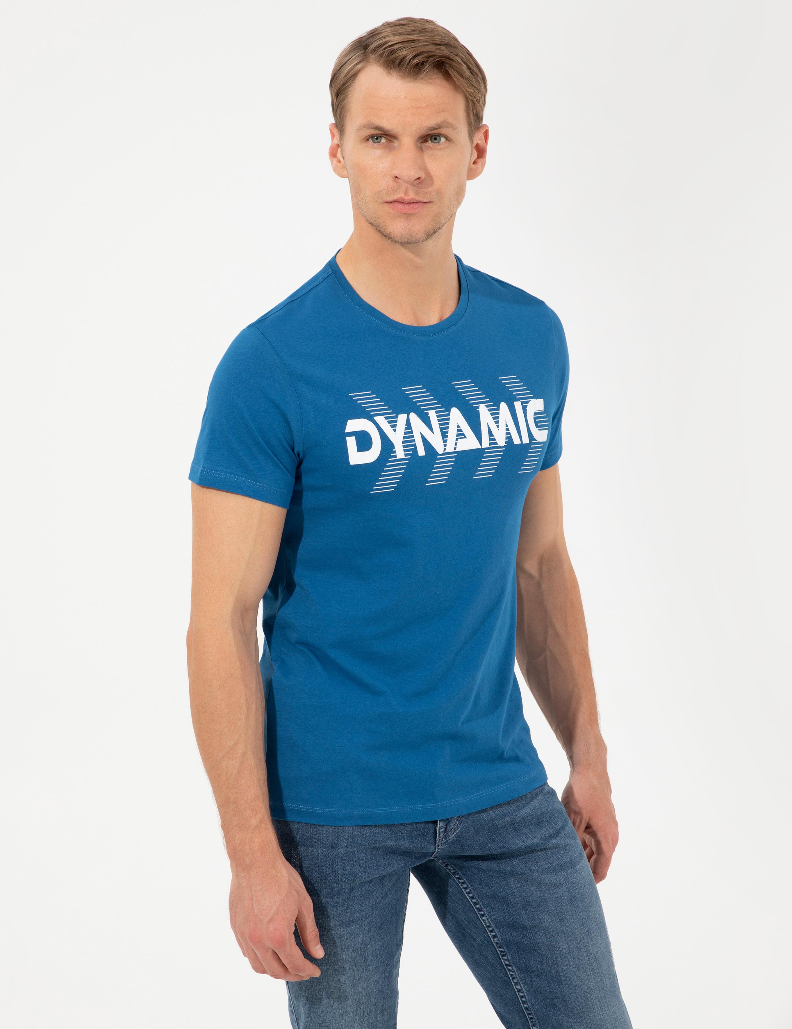 Lacivert Slim Fit Baskılı Bisiklet Yaka Tişört