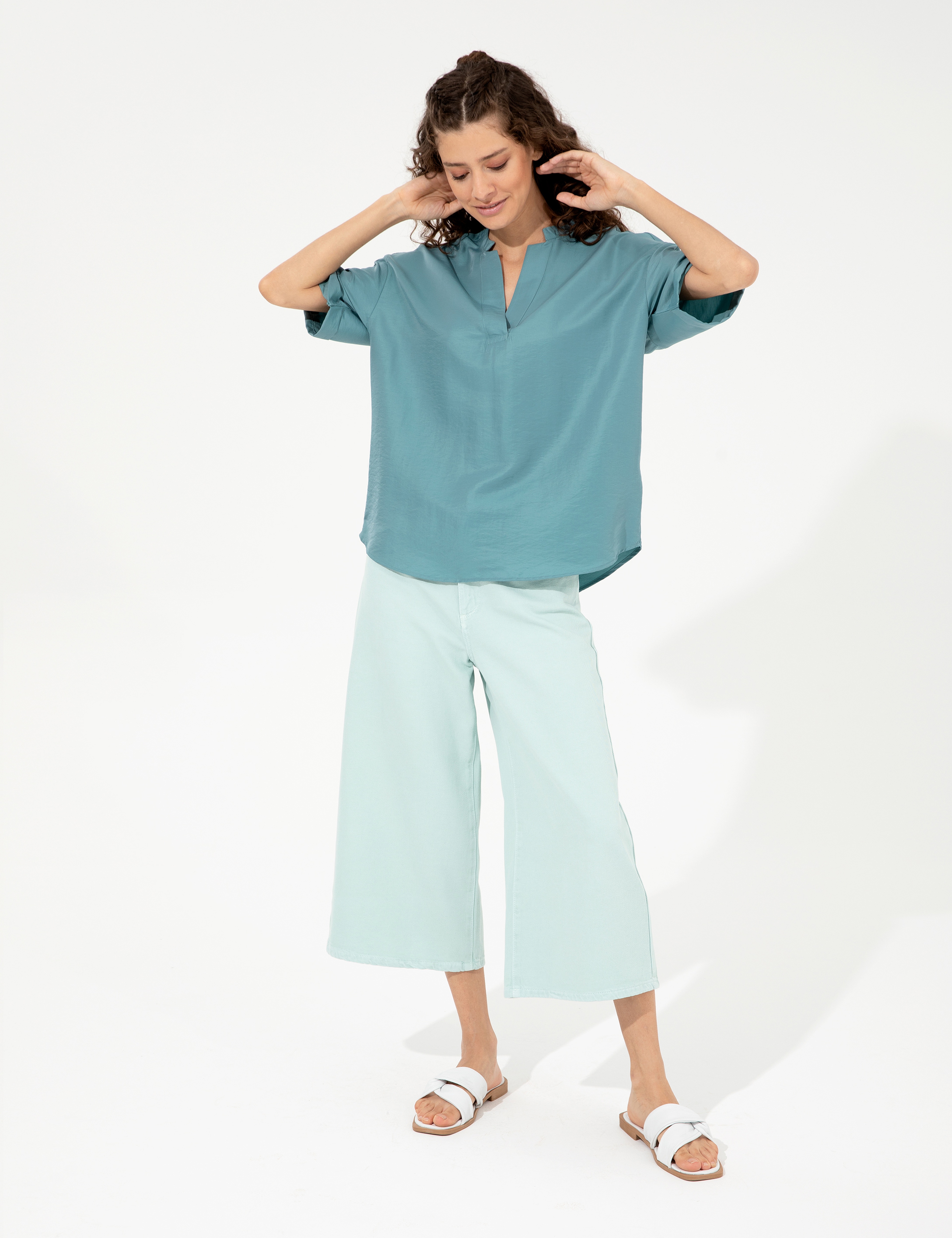 Açık Mavi Flare Cropped Pantolon