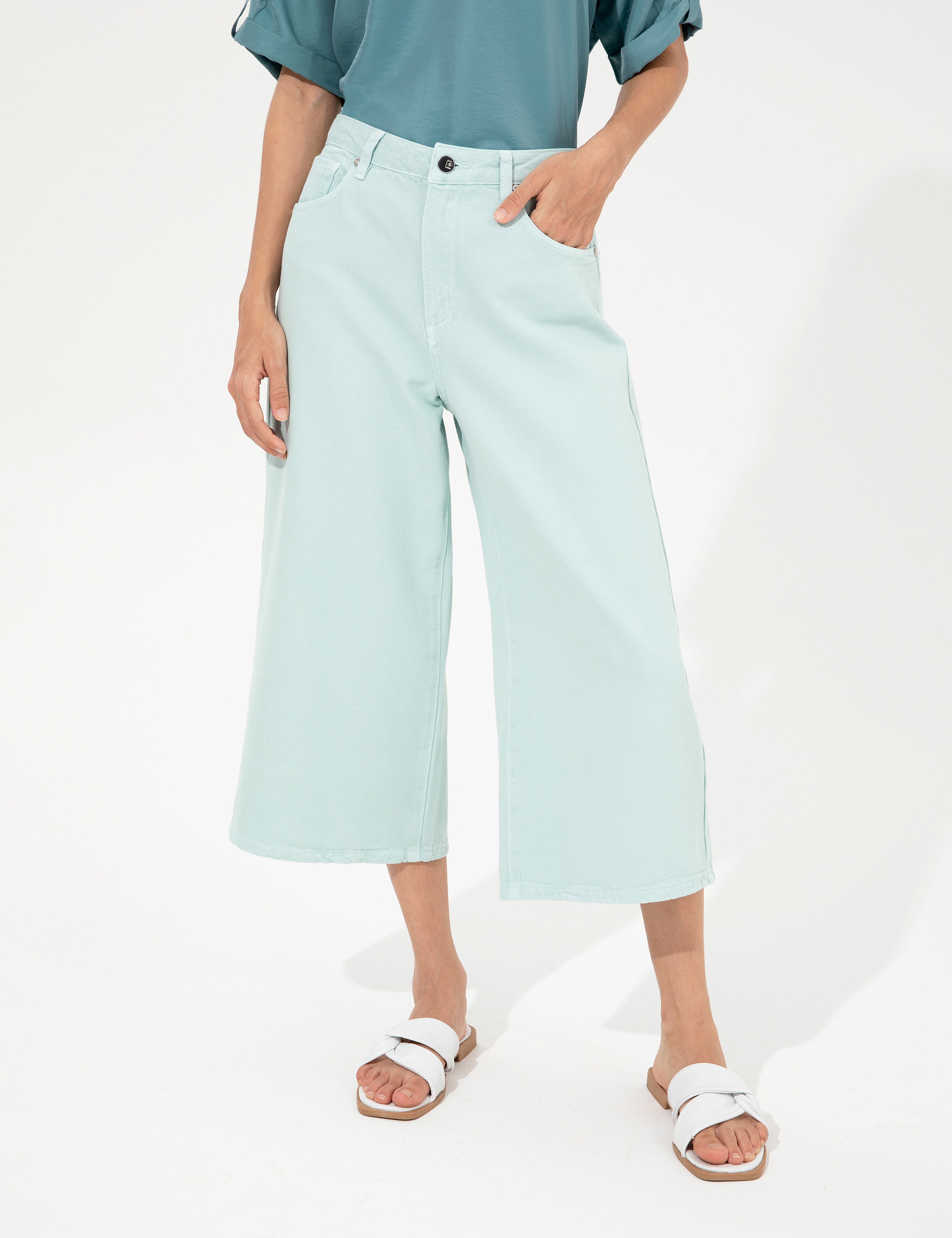 Açık Mavi Flare Cropped Pantolon - Image 2