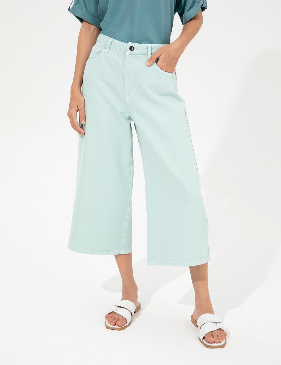 Açık Mavi Flare Cropped Kanvas Pantolon