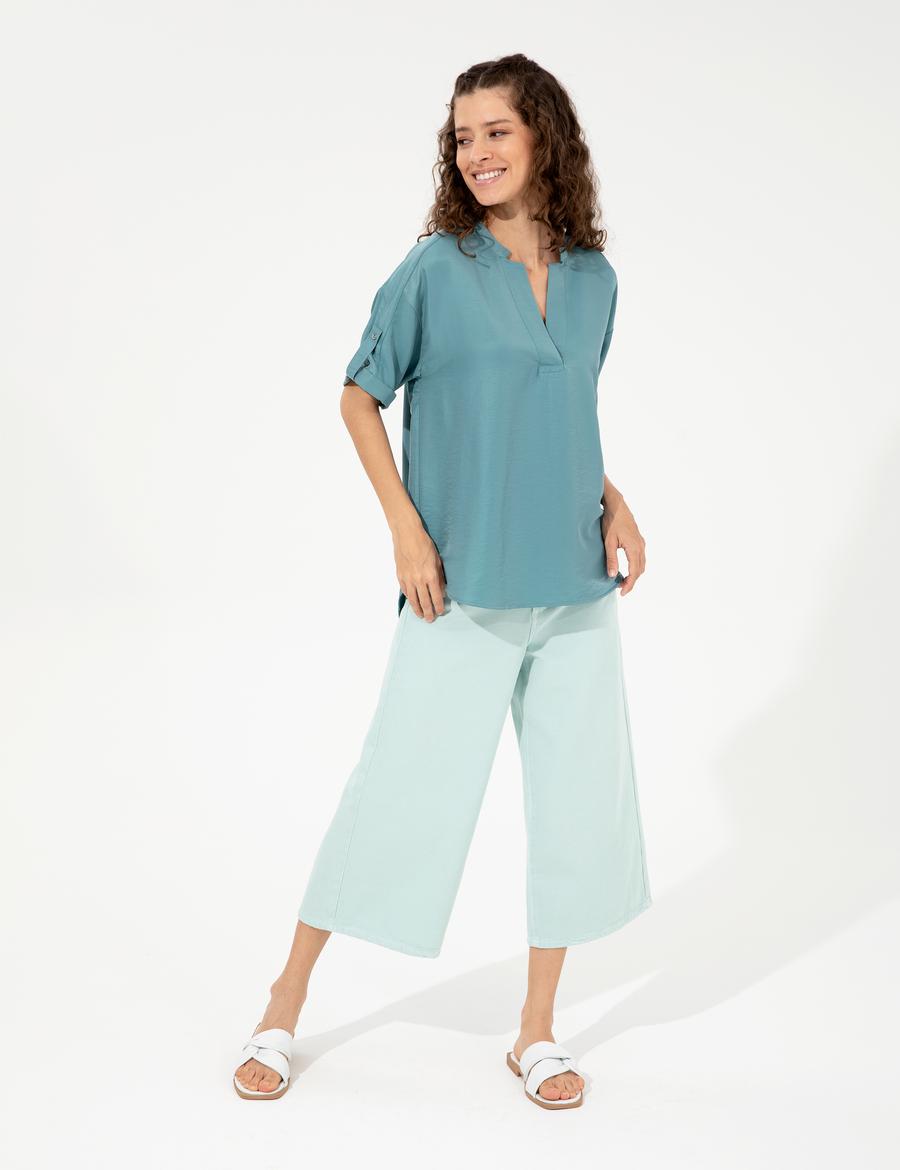Açık Mavi Flare Cropped Kanvas Pantolon
