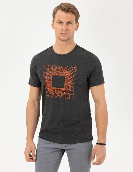 Antrasit Melanj Slim Fit Baskılı Bisiklet Yaka Tişört - 50253509027