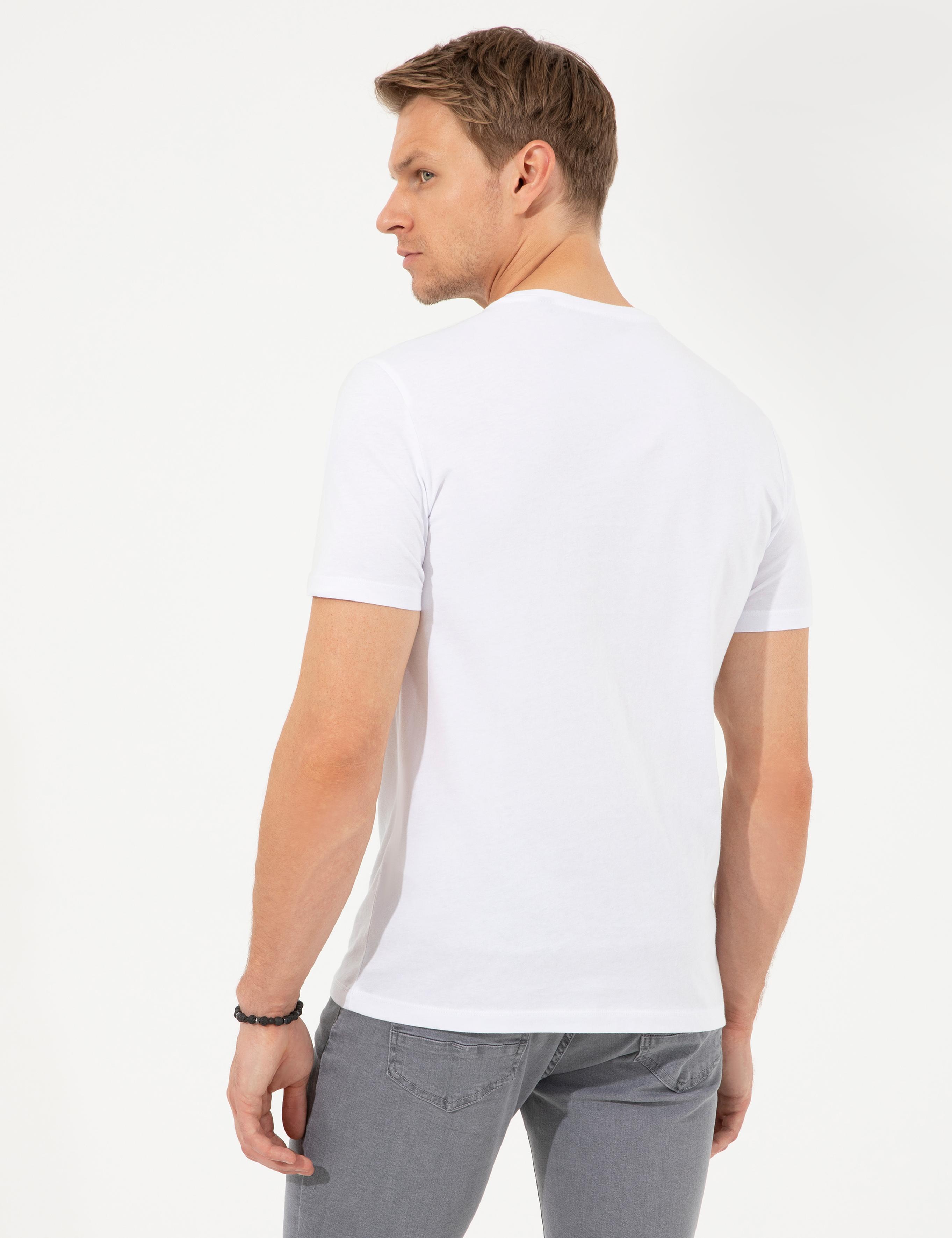 Beyaz Slim Fit Bisiklet Yaka Tişört