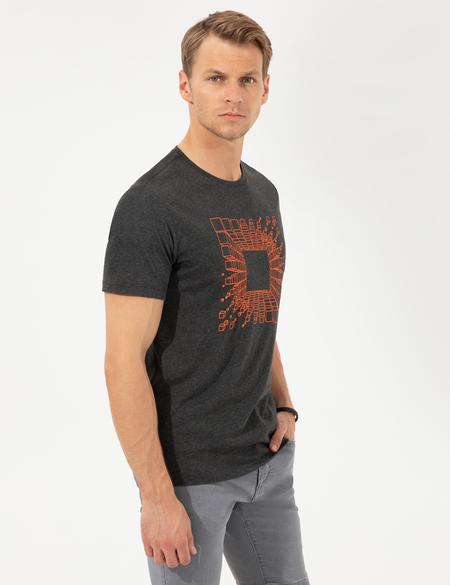 Antrasit Melanj Slim Fit Baskılı Bisiklet Yaka Tişört - 50253509027