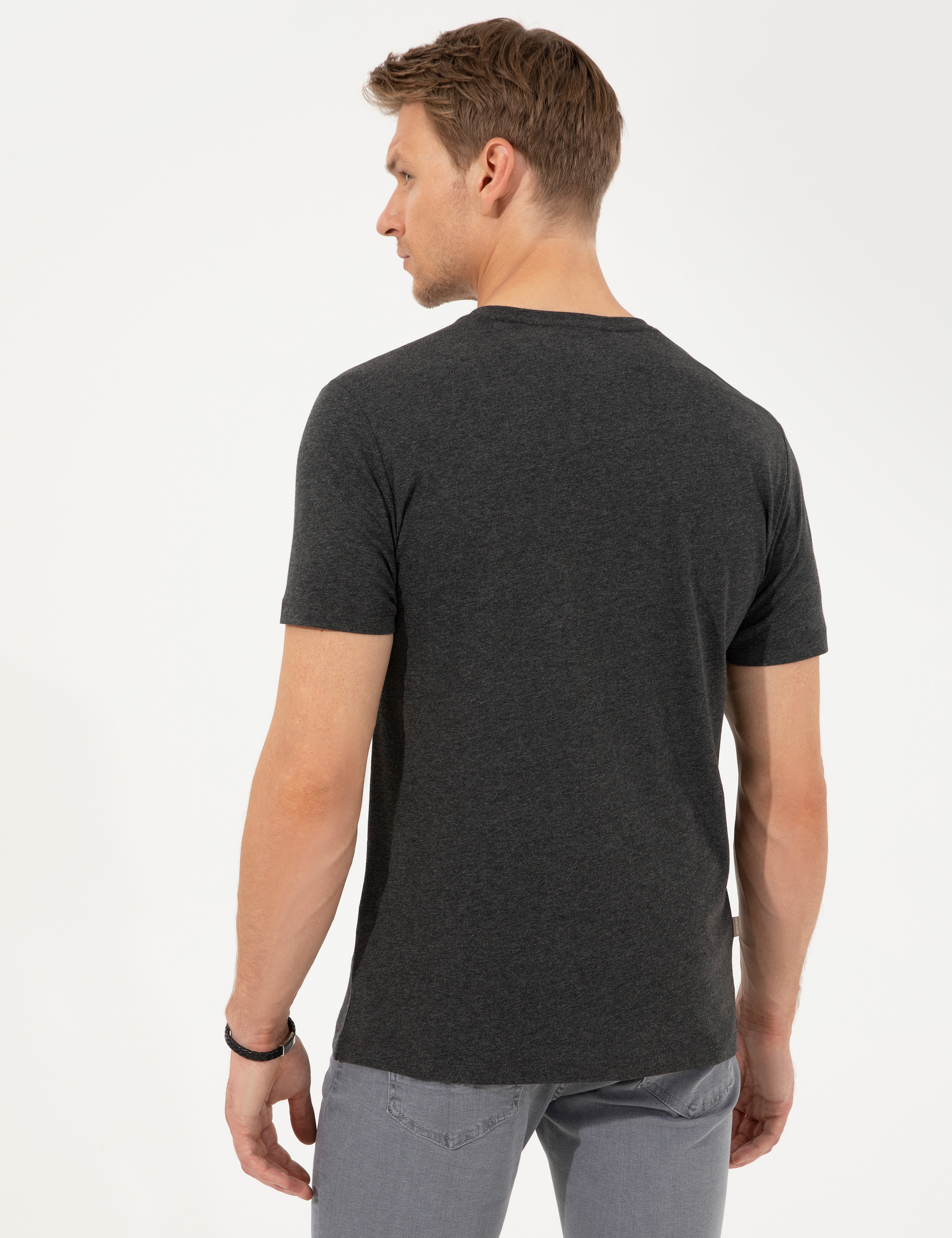Antrasit Melanj Slim Fit Baskılı Bisiklet Yaka Tişört