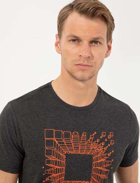 Antrasit Melanj Slim Fit Baskılı Bisiklet Yaka Tişört - 50253509027