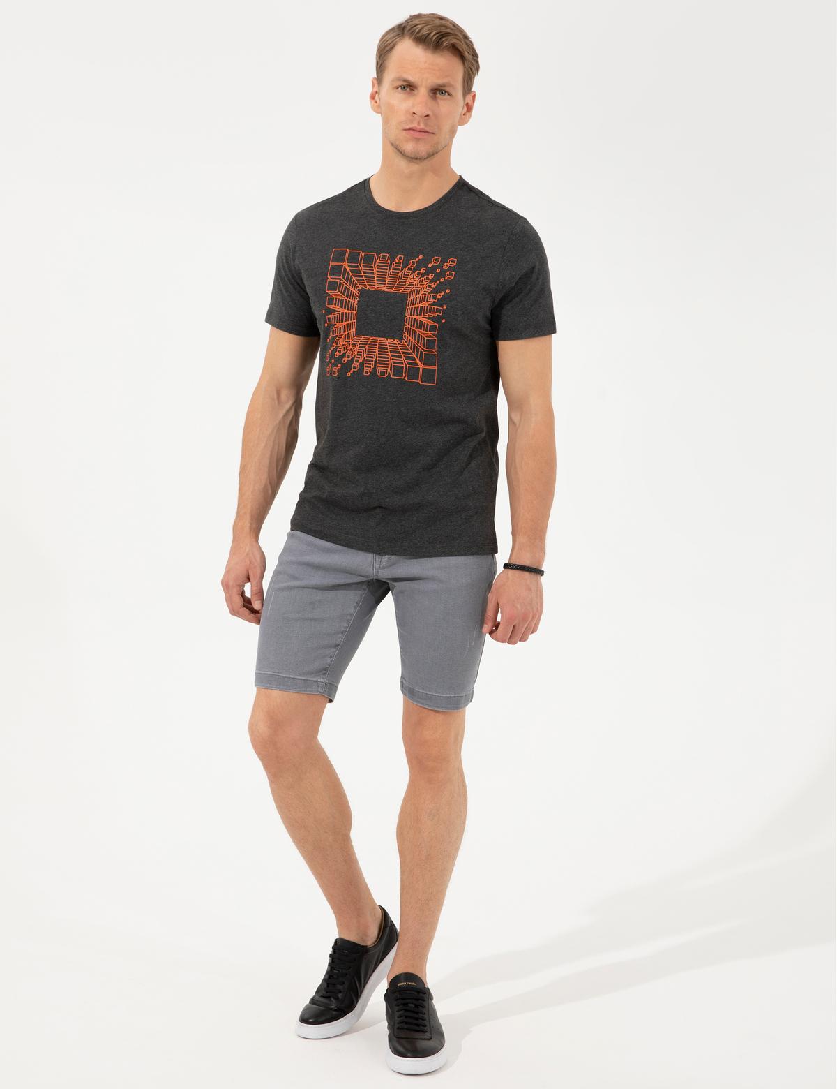 Antrasit Melanj Slim Fit Baskılı Bisiklet Yaka Tişört - 50253509027