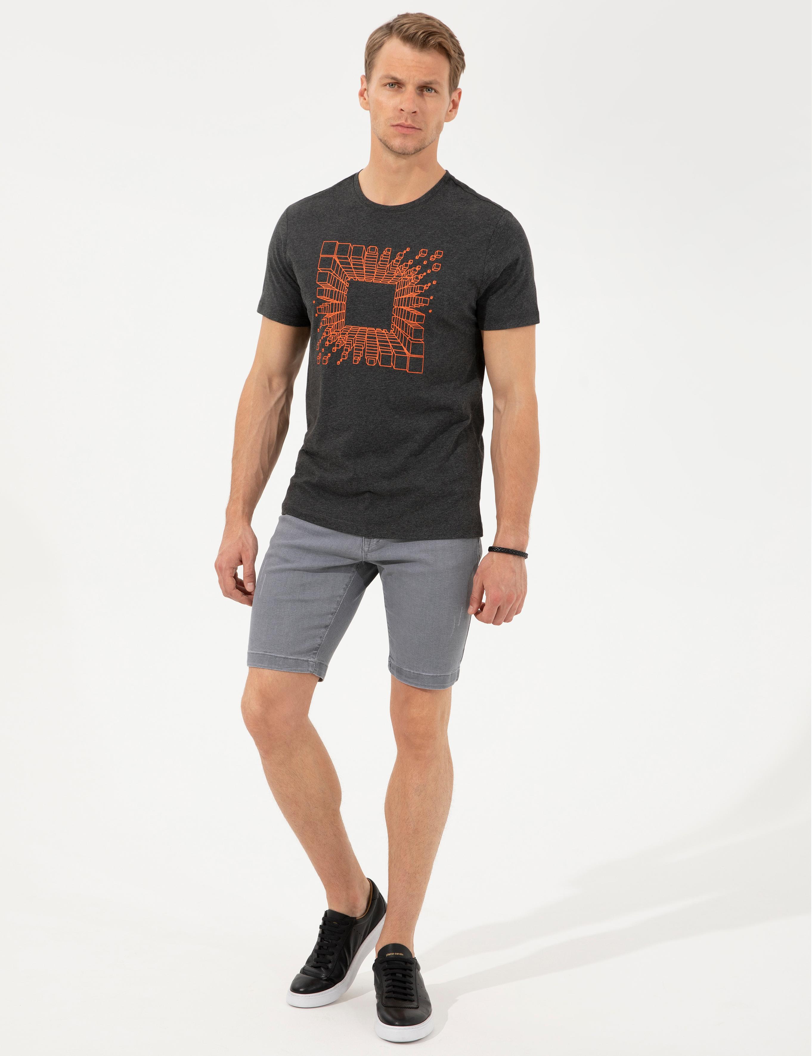 Antrasit Melanj Slim Fit Baskılı Bisiklet Yaka Tişört