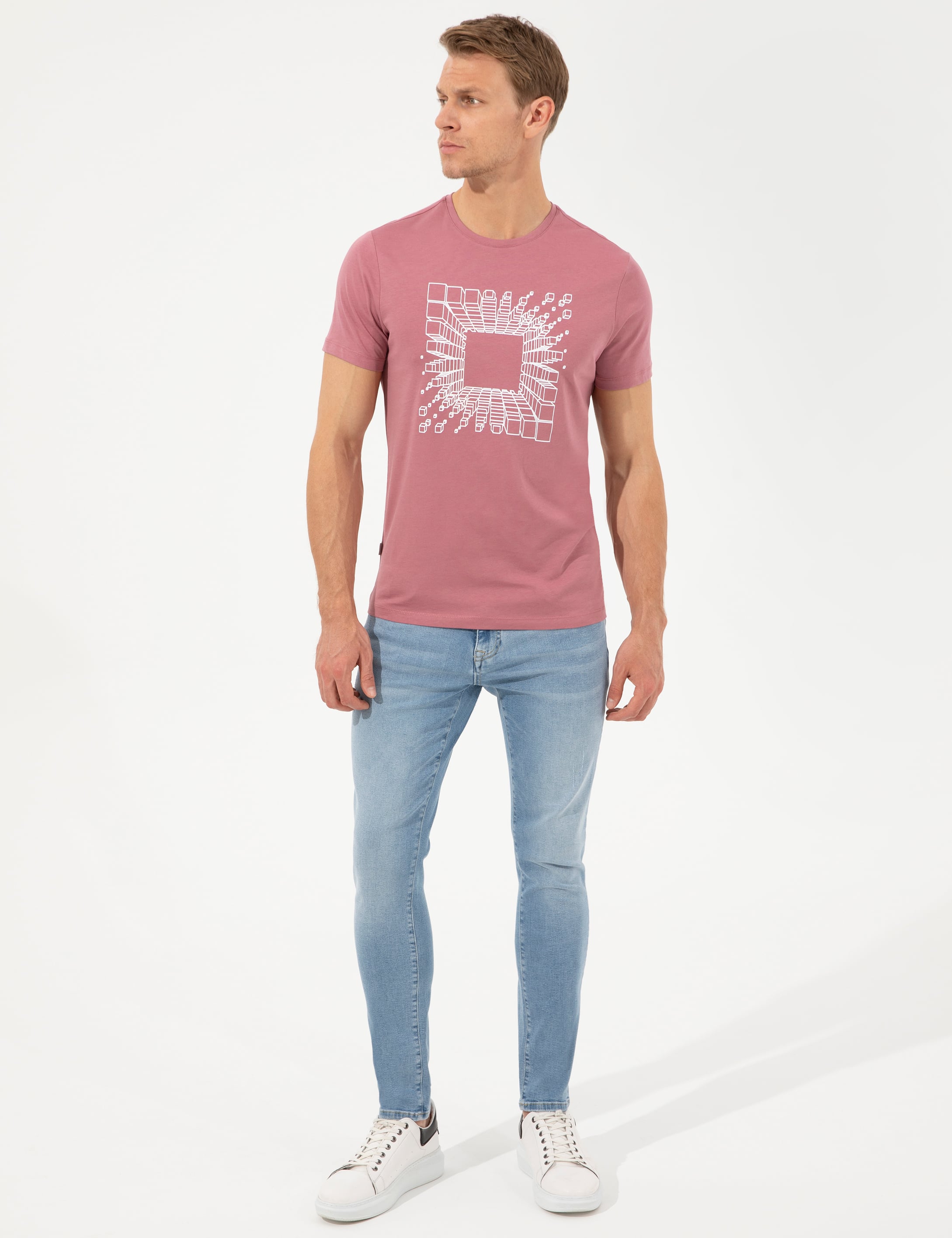 Gül Kurusu Slim Fit Baskılı Bisiklet Yaka Tişört - Image 4