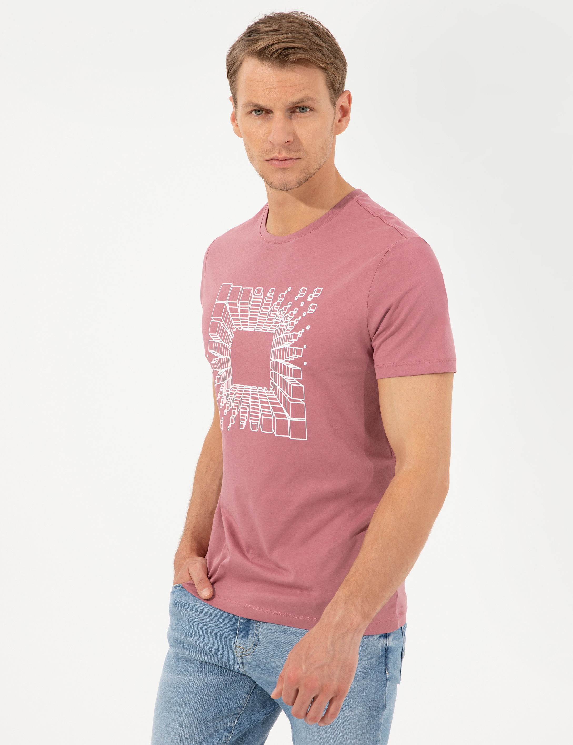 Gül Kurusu Slim Fit Baskılı Bisiklet Yaka Tişört - Image 3