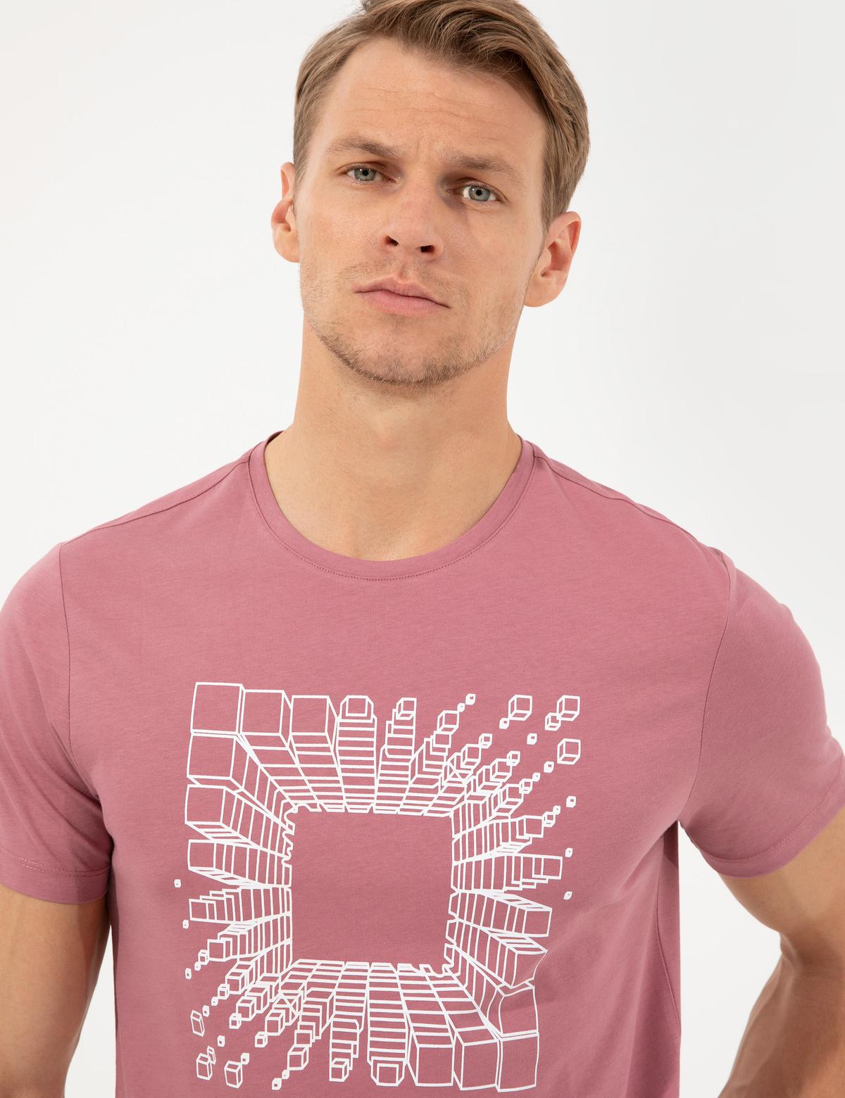 Gül Kurusu Slim Fit Baskılı Bisiklet Yaka Tişört - 50253509006