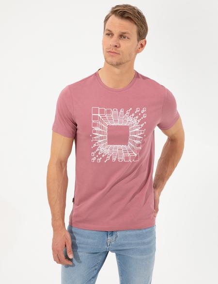 Gül Kurusu Slim Fit Baskılı Bisiklet Yaka Tişört - 50253509006