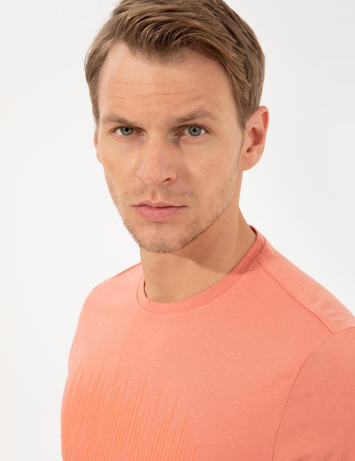 Coral Slim Fit Çizgi Baskılı Bisiklet Yaka Tişört - 50253508014