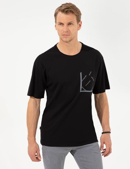 Siyah Comfort Fit Dynamic Baskılı Bisiklet Yaka Tişört - 50253506017