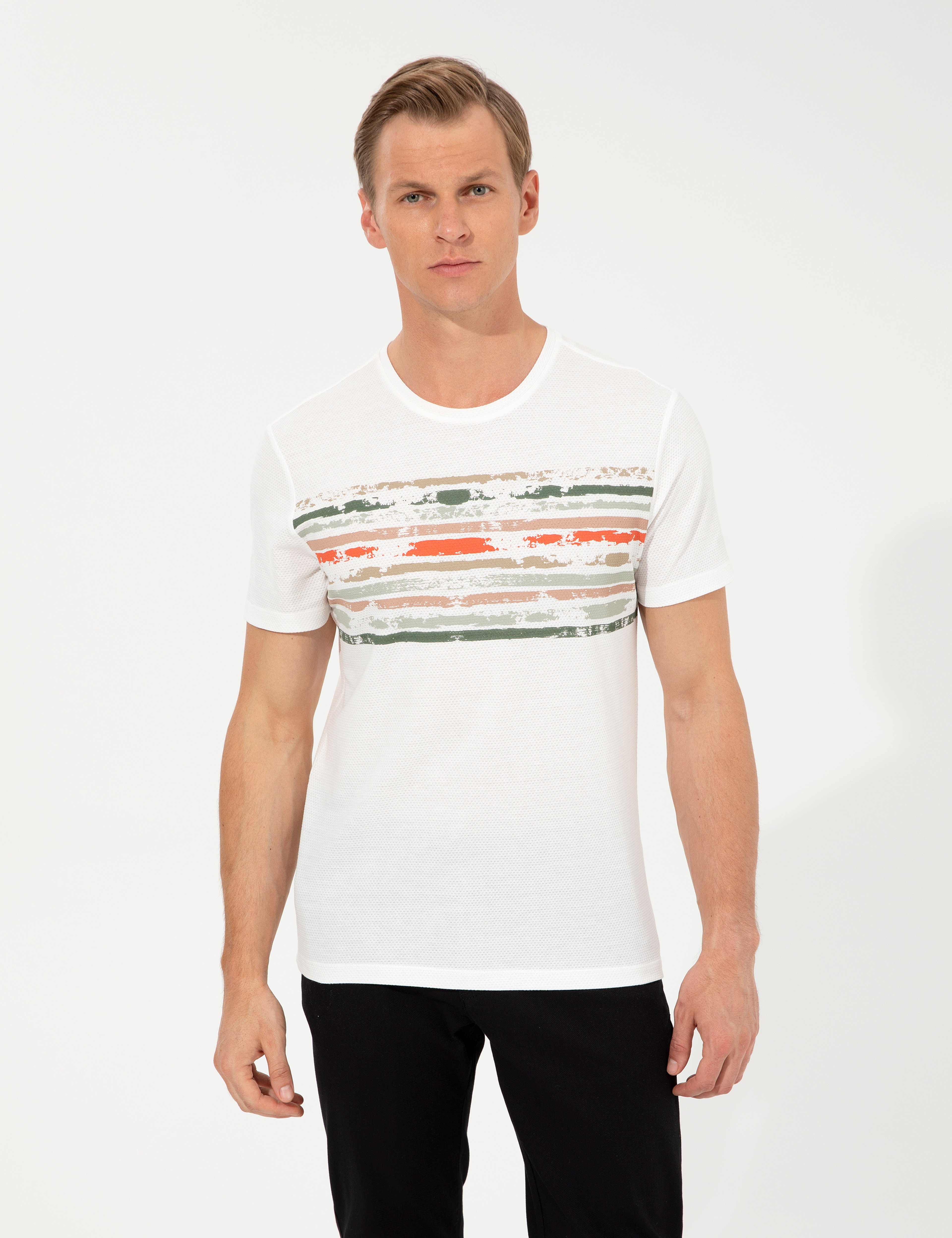 Ekru Slim Fit Bisiklet Yaka Tişört - Image 2