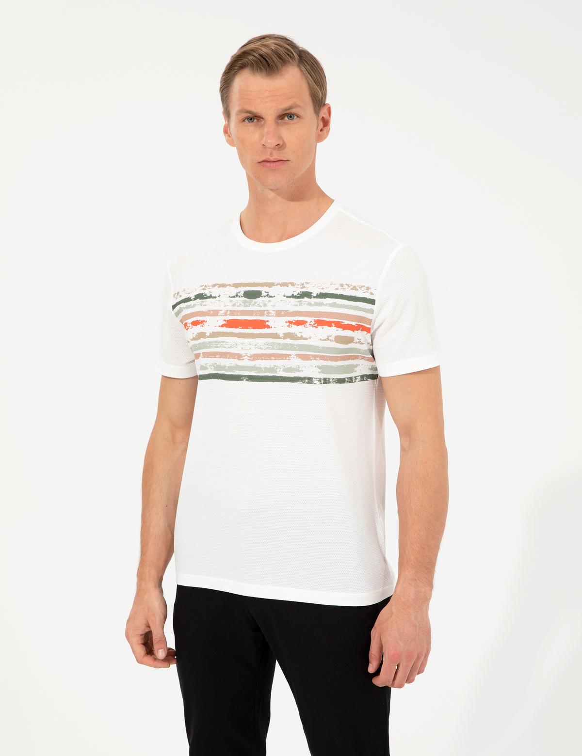 Ekru Slim Fit Bisiklet Yaka Tişört - 50249894003