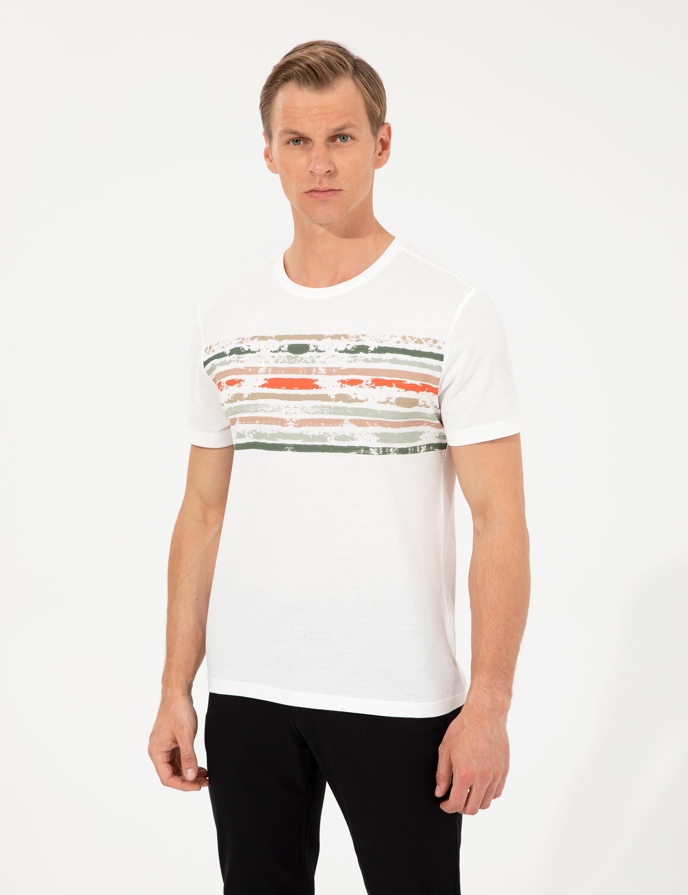 Ekru Slim Fit Bisiklet Yaka Tişört