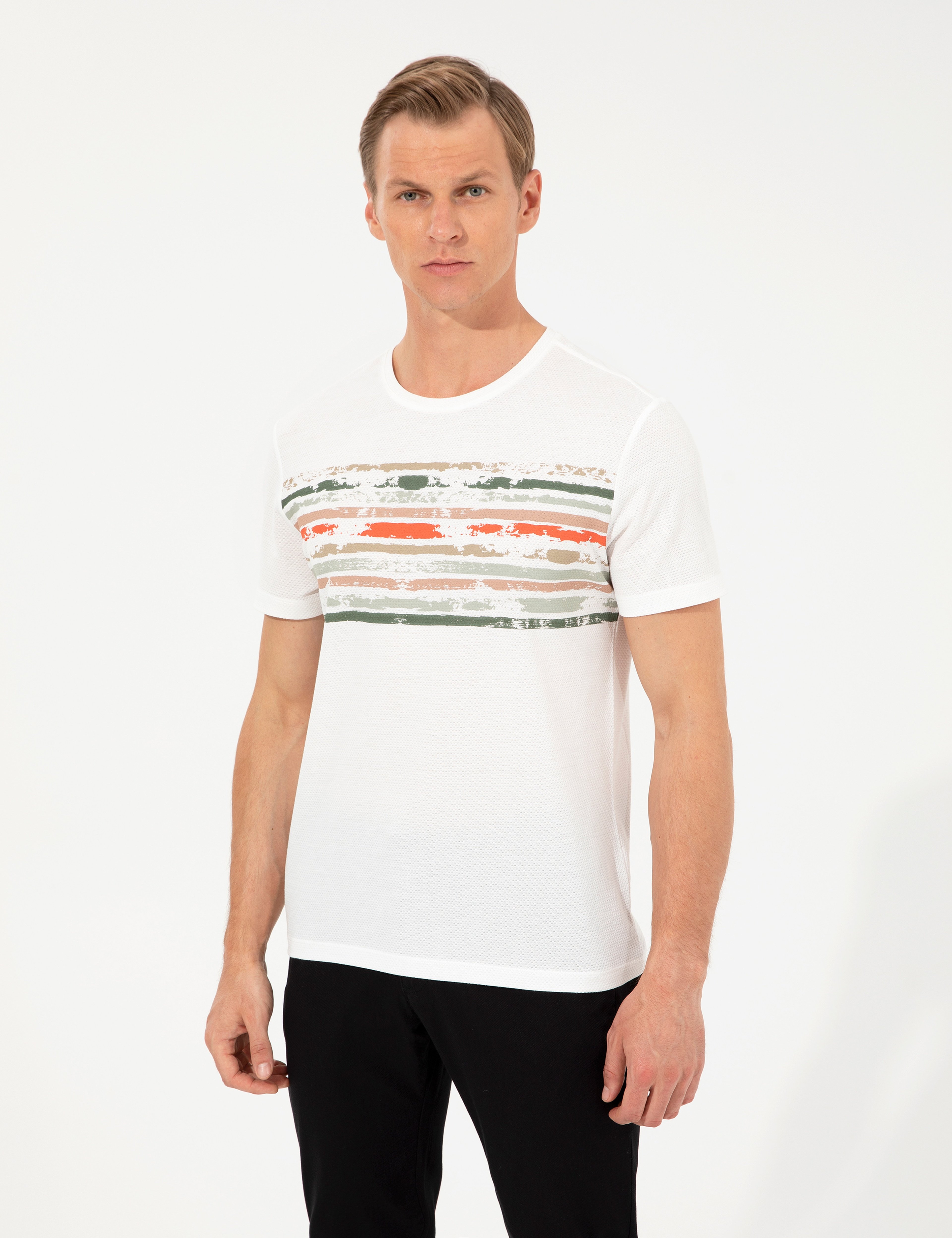 Ekru Slim Fit Bisiklet Yaka Tişört - Image 3