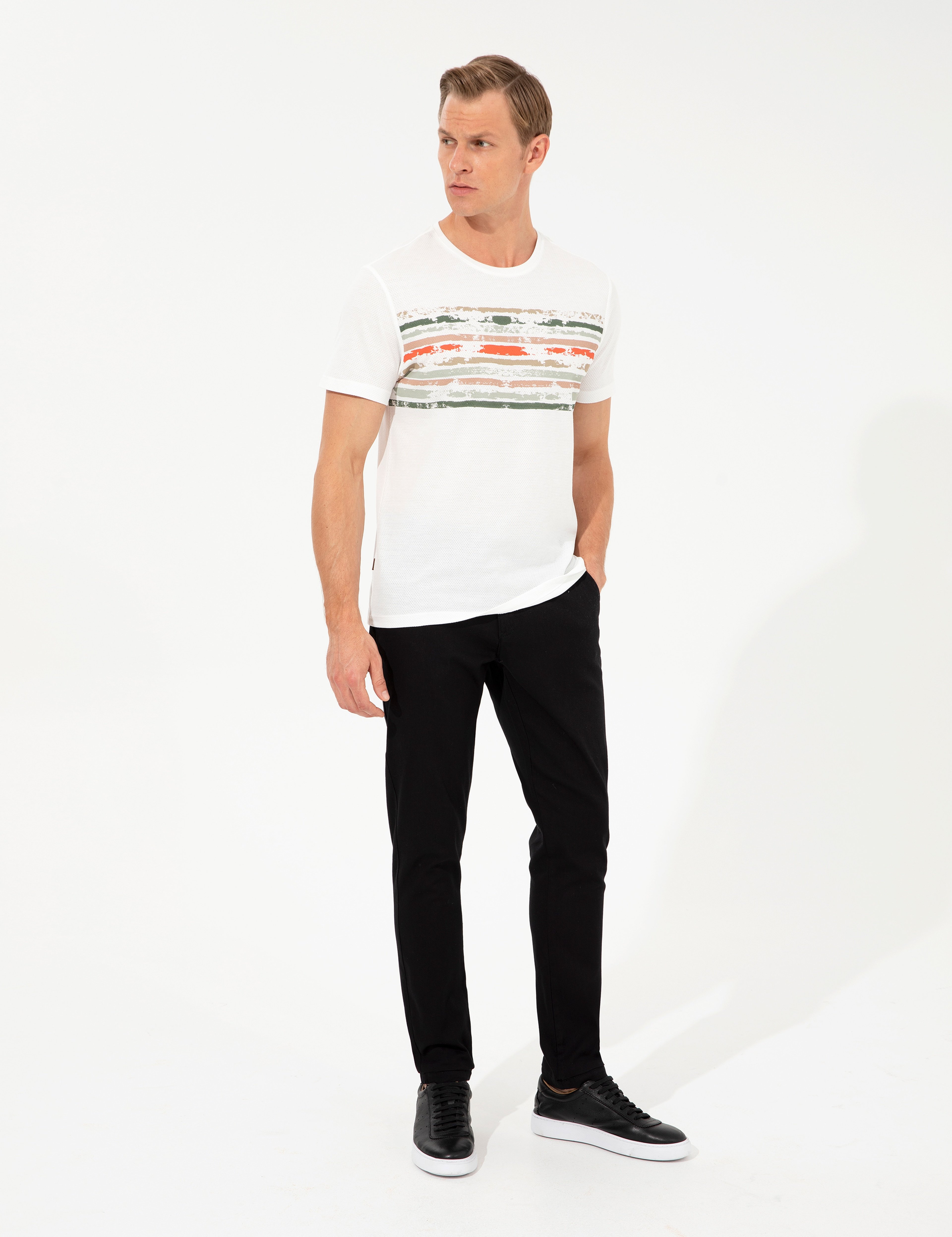 Ekru Slim Fit Bisiklet Yaka Tişört - Image 4
