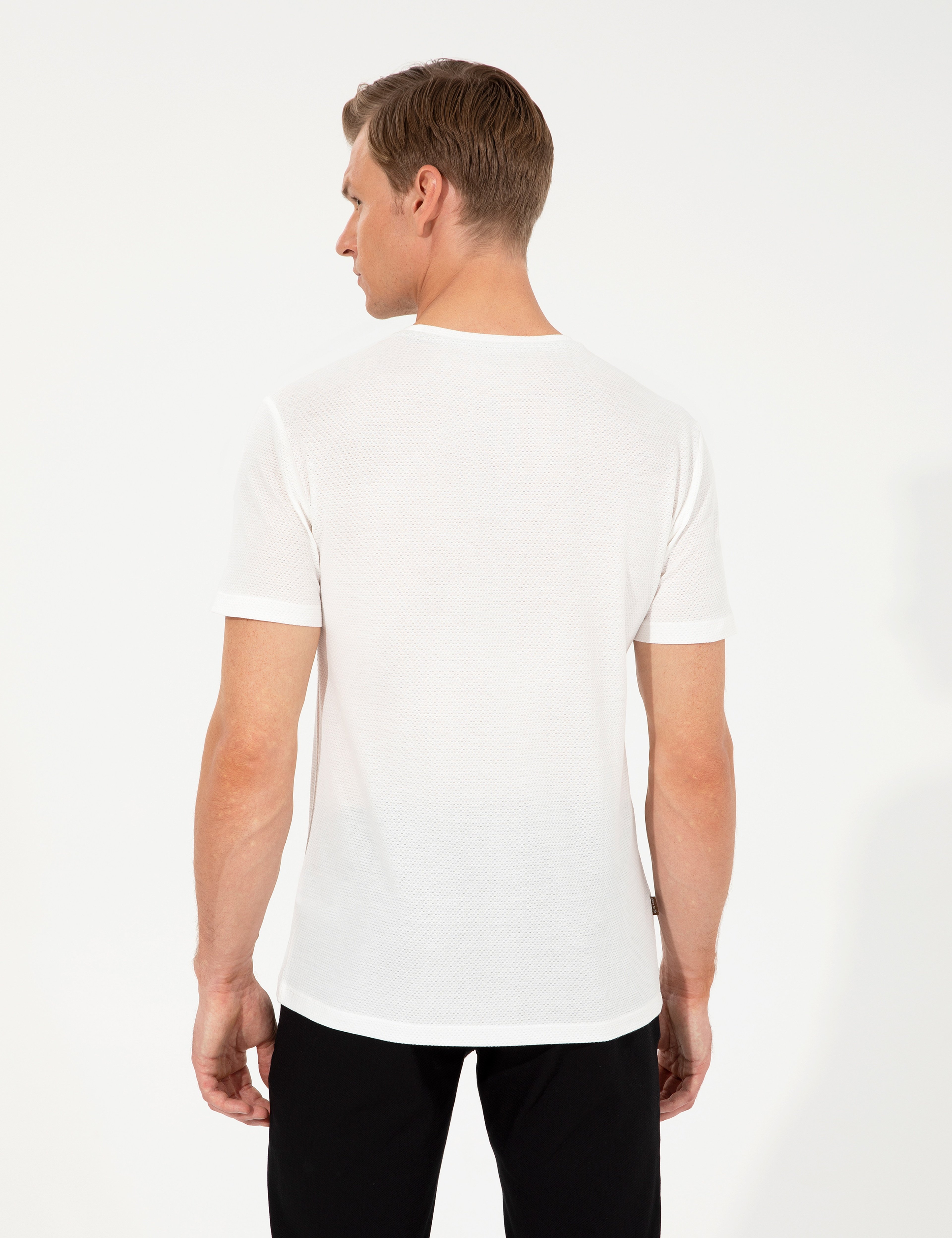Ekru Slim Fit Bisiklet Yaka Tişört - Image 5