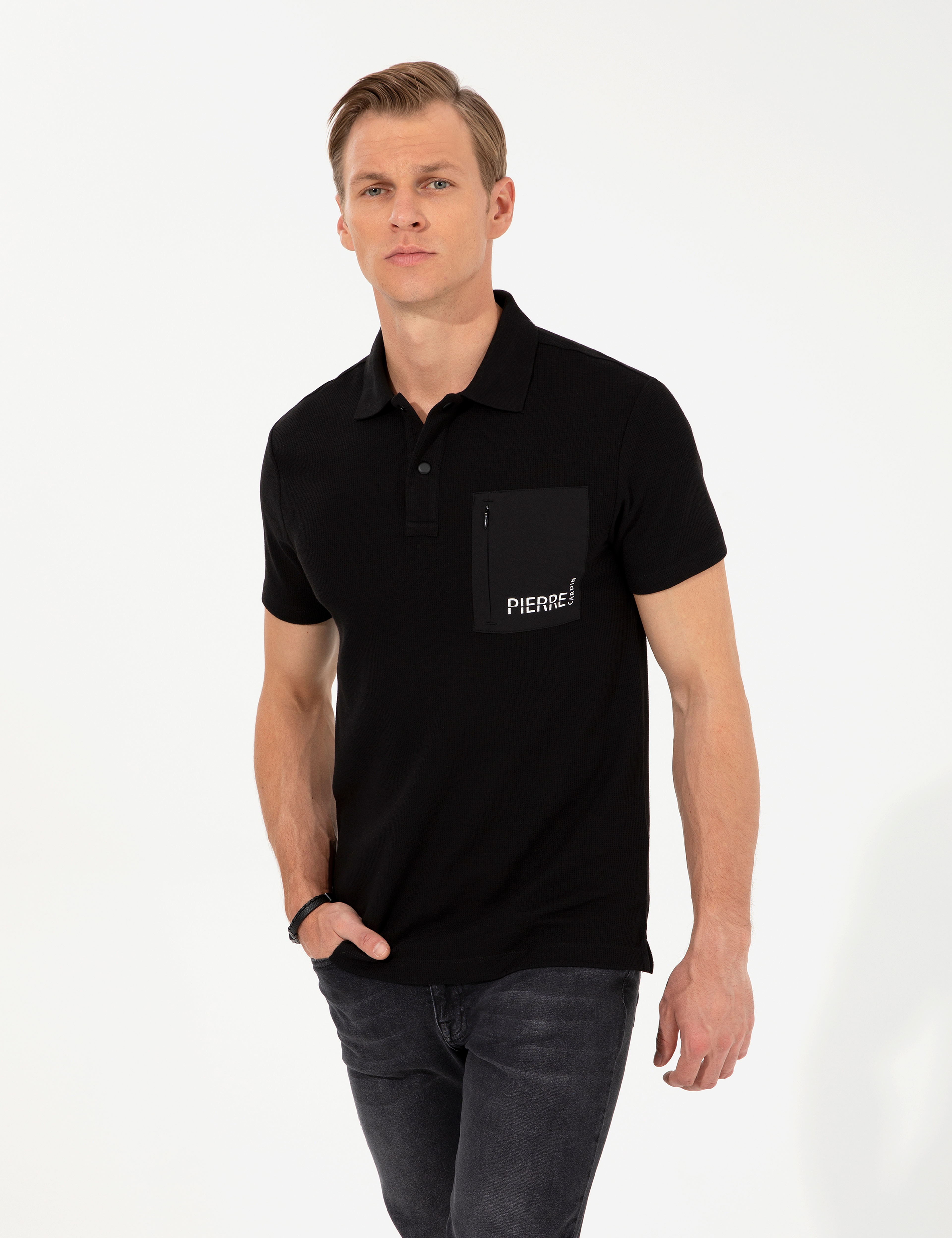 Siyah Slim Fit Polo Yaka Tişört - Image 3