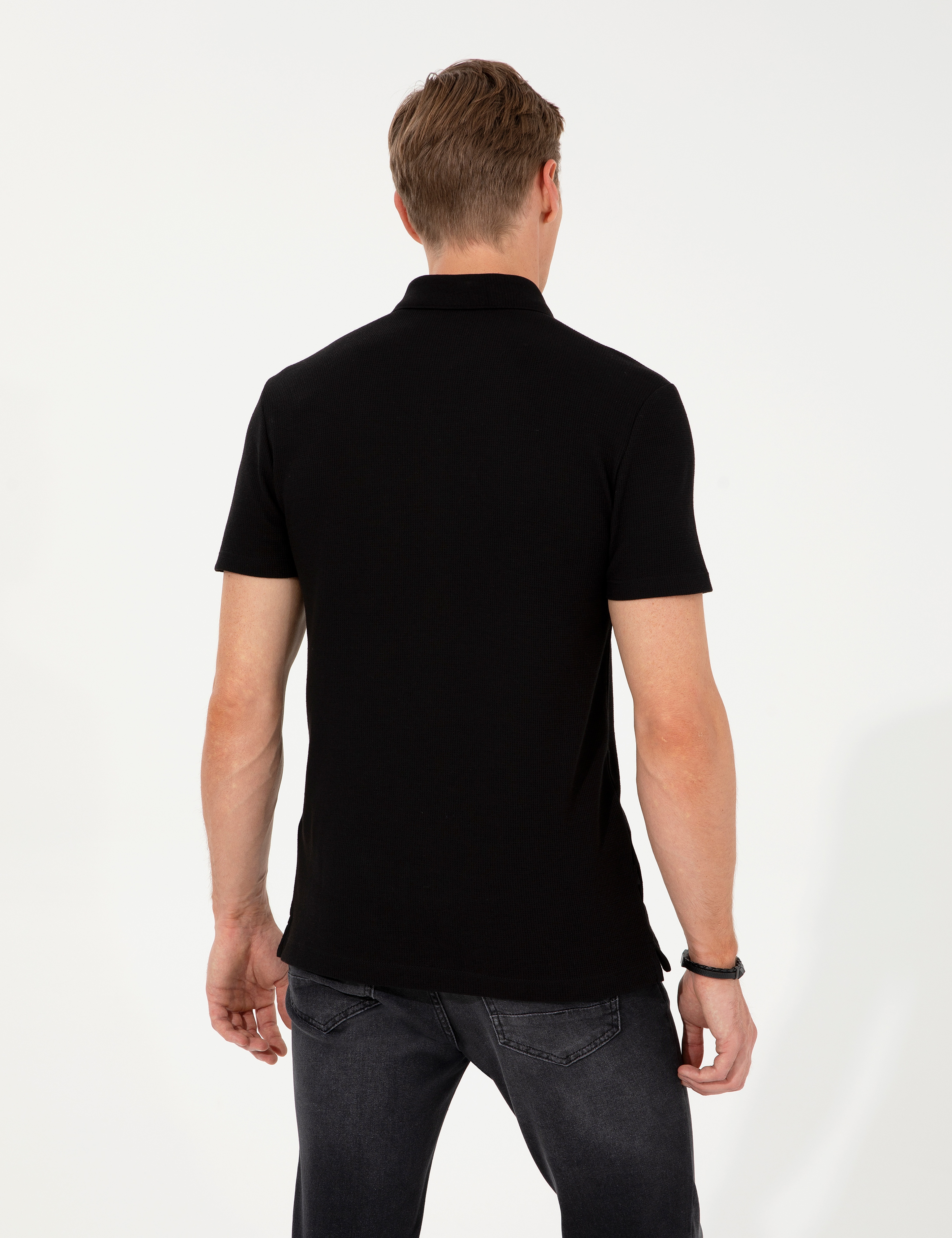 Siyah Slim Fit Polo Yaka Tişört - Image 5