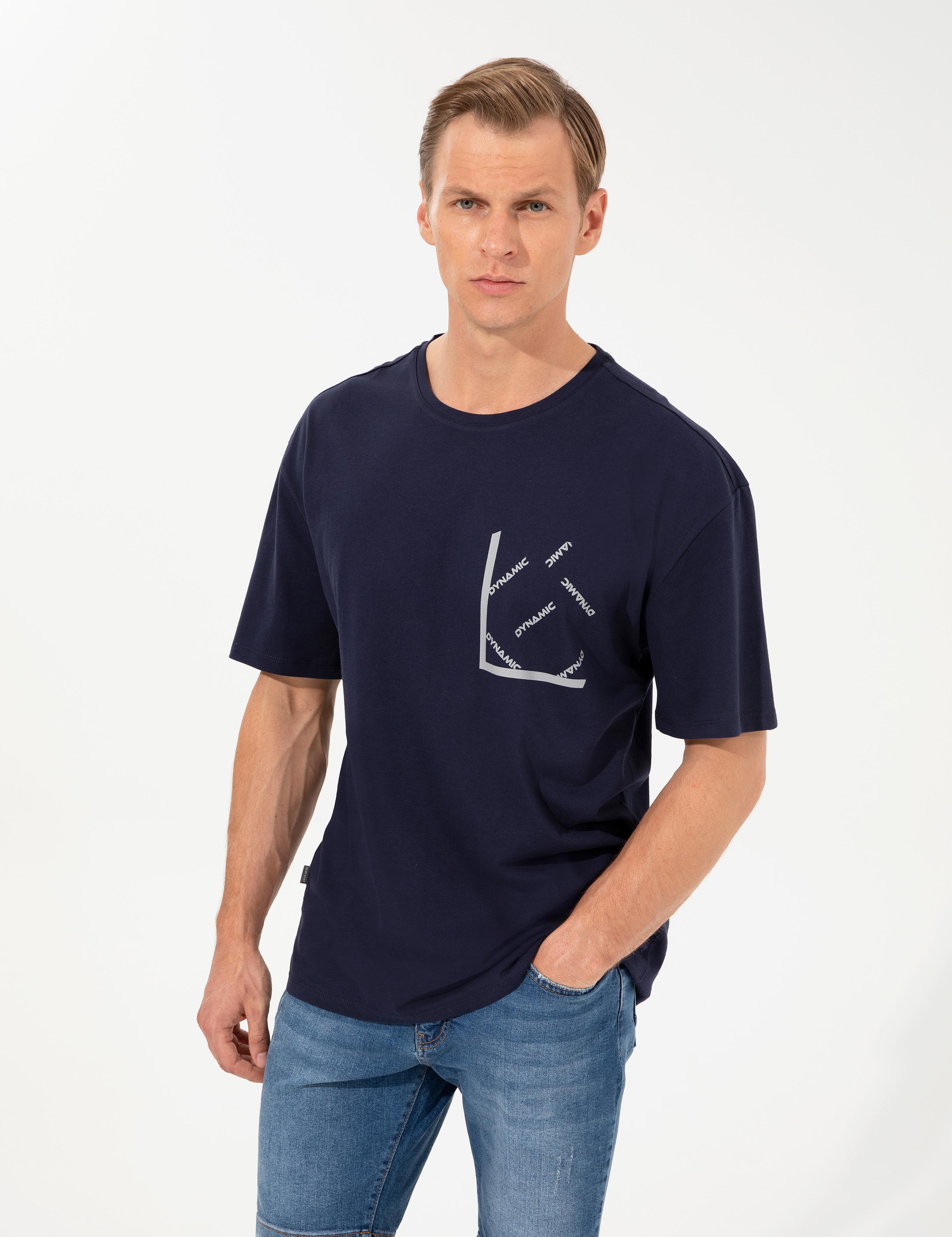 Lacivert Comfort Fit Dynamic Baskılı Bisiklet Yaka Tişört