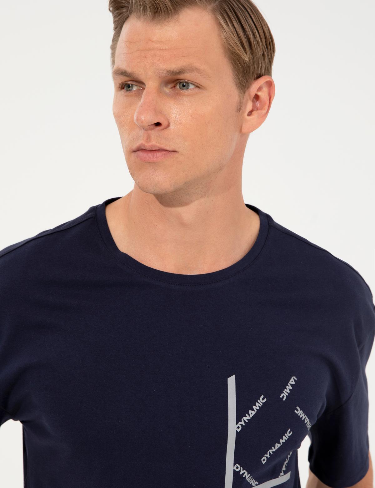 Lacivert Comfort Fit Dynamic Baskılı Bisiklet Yaka Tişört - 50253506003