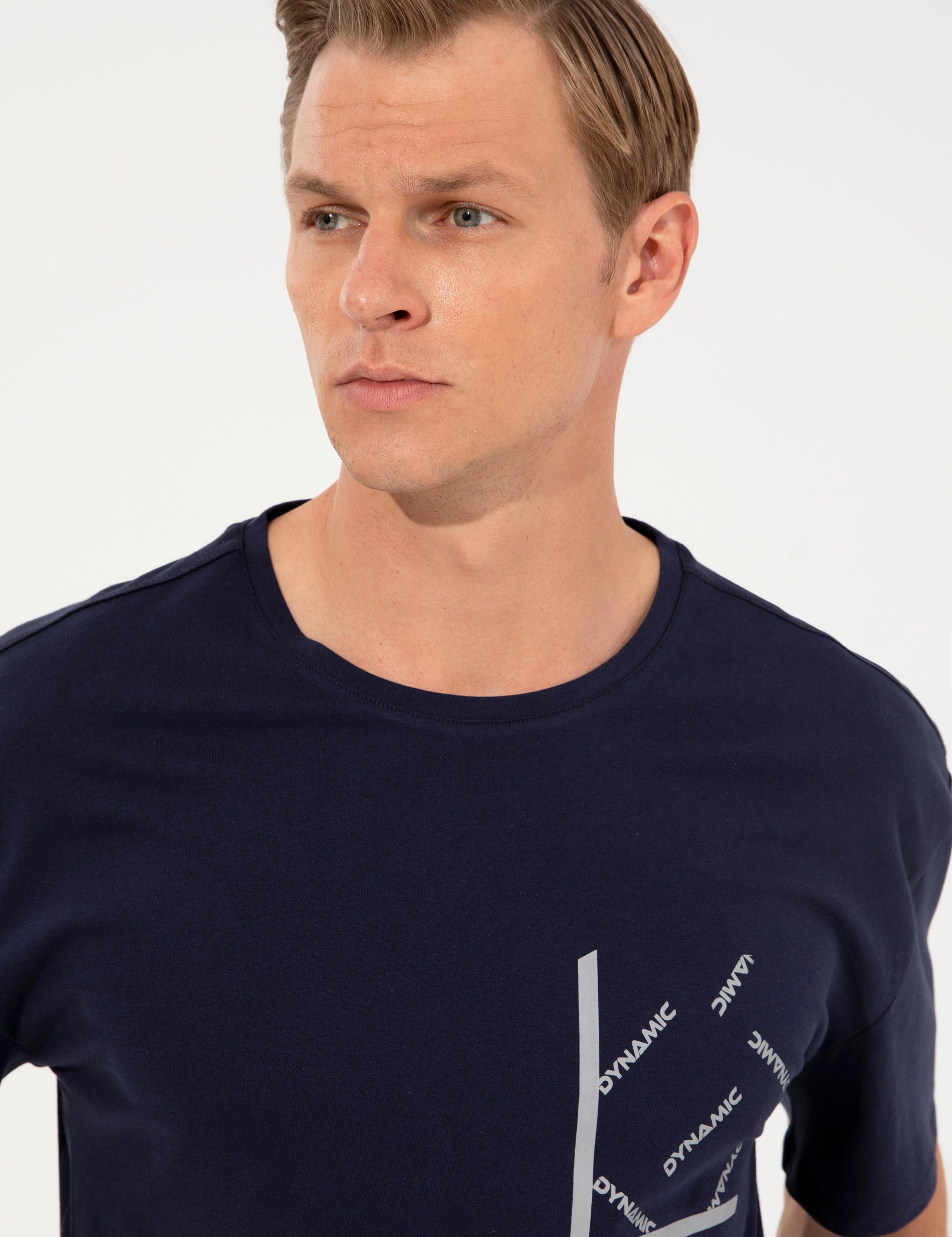 Lacivert Comfort Fit Dynamic Baskılı Bisiklet Yaka Tişört