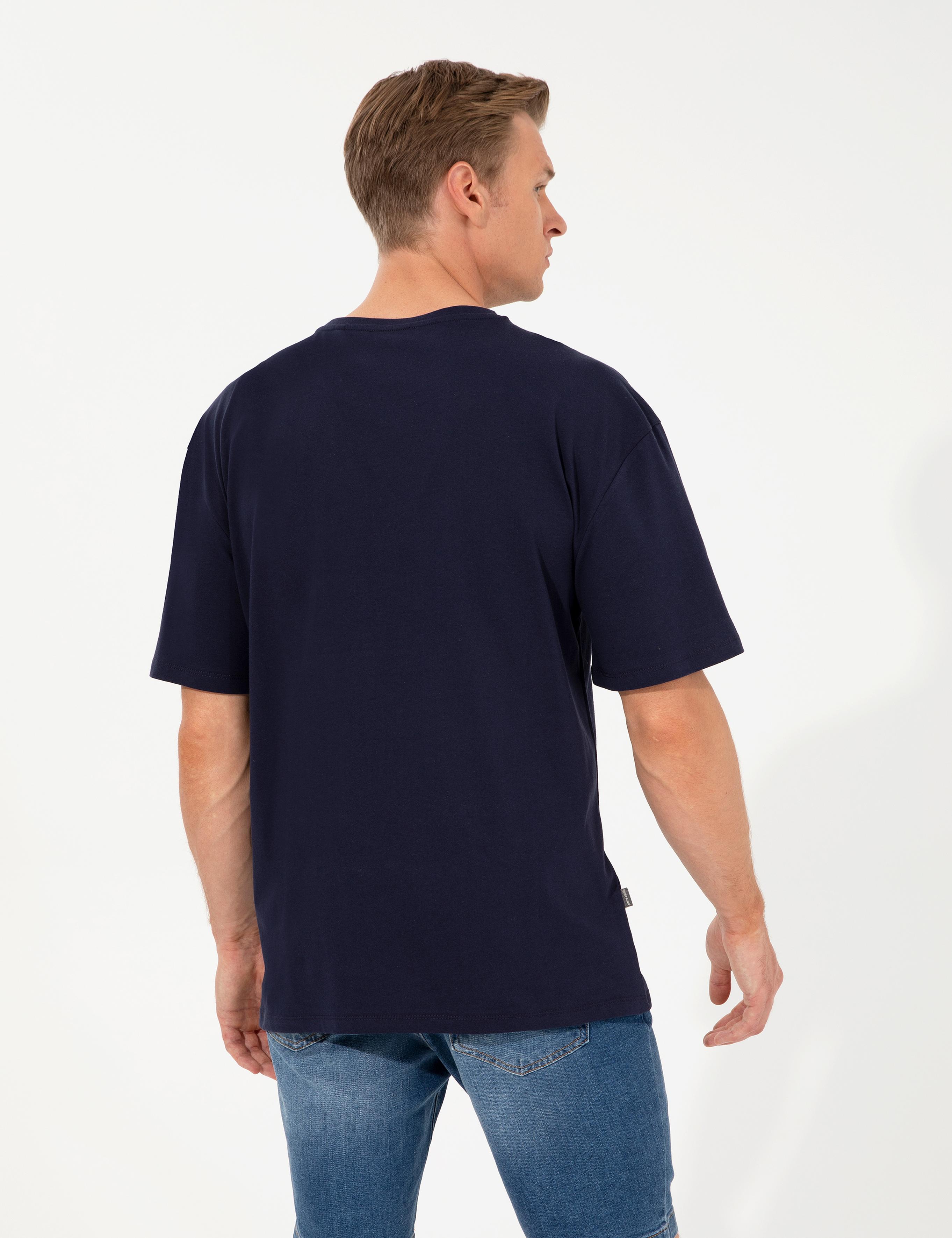 Lacivert Comfort Fit Dynamic Baskılı Bisiklet Yaka Tişört