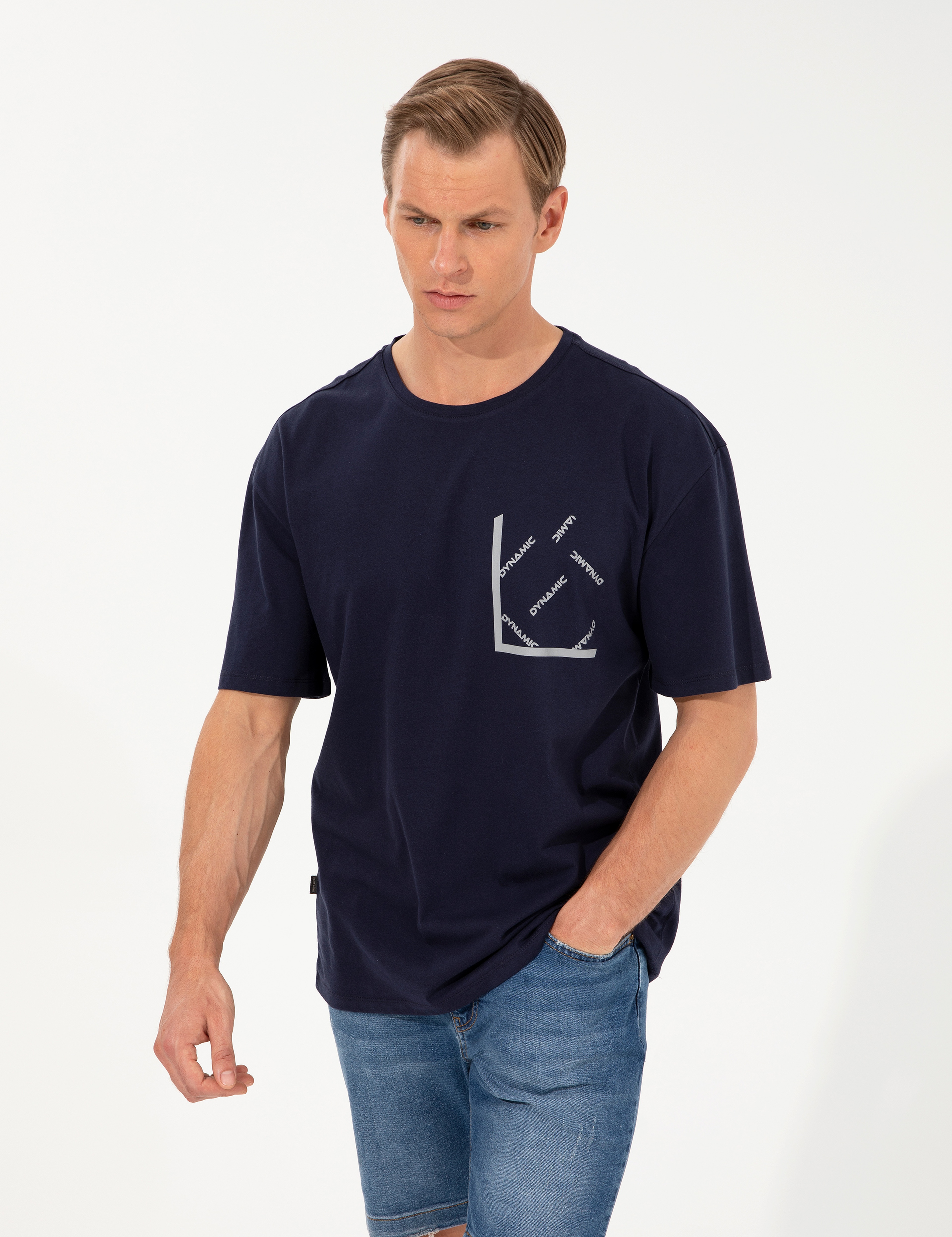 Lacivert Comfort Fit Dynamic Baskılı Bisiklet Yaka Tişört - Image 1