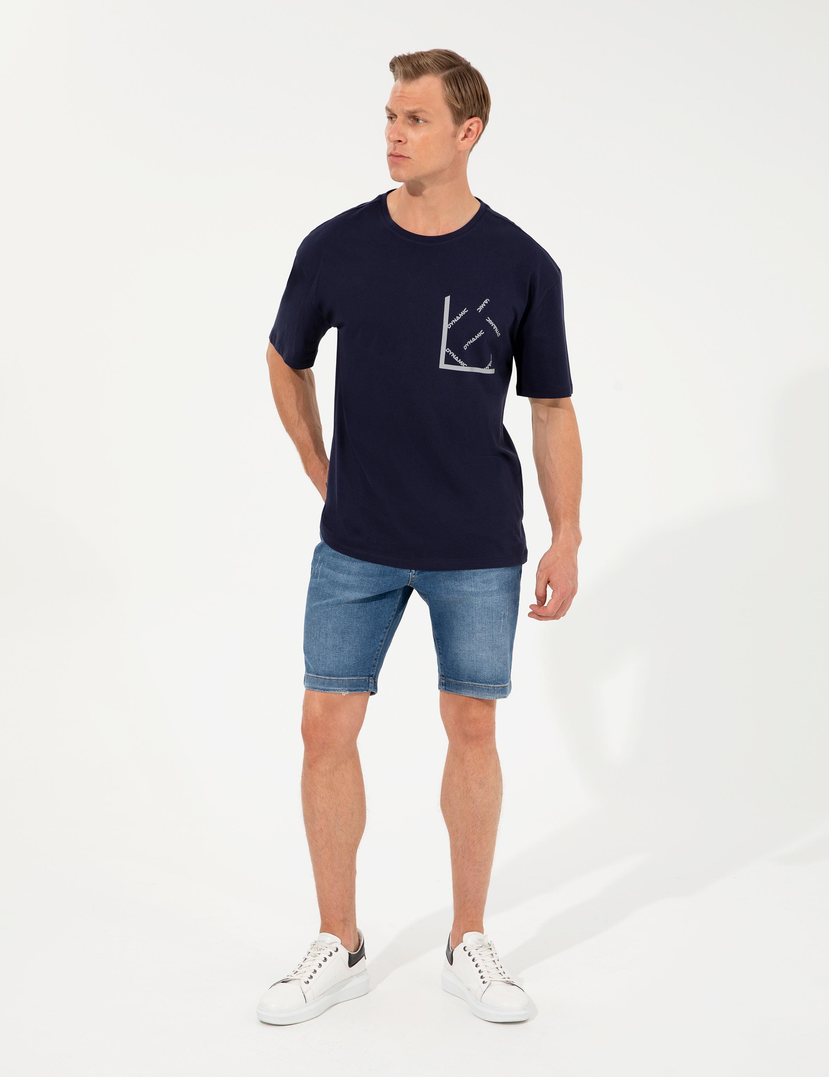 Lacivert Comfort Fit Dynamic Baskılı Bisiklet Yaka Tişört