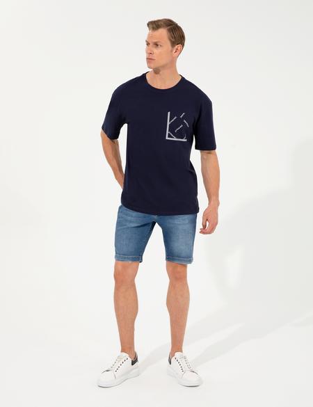 Lacivert Comfort Fit Dynamic Baskılı Bisiklet Yaka Tişört - 50253506003