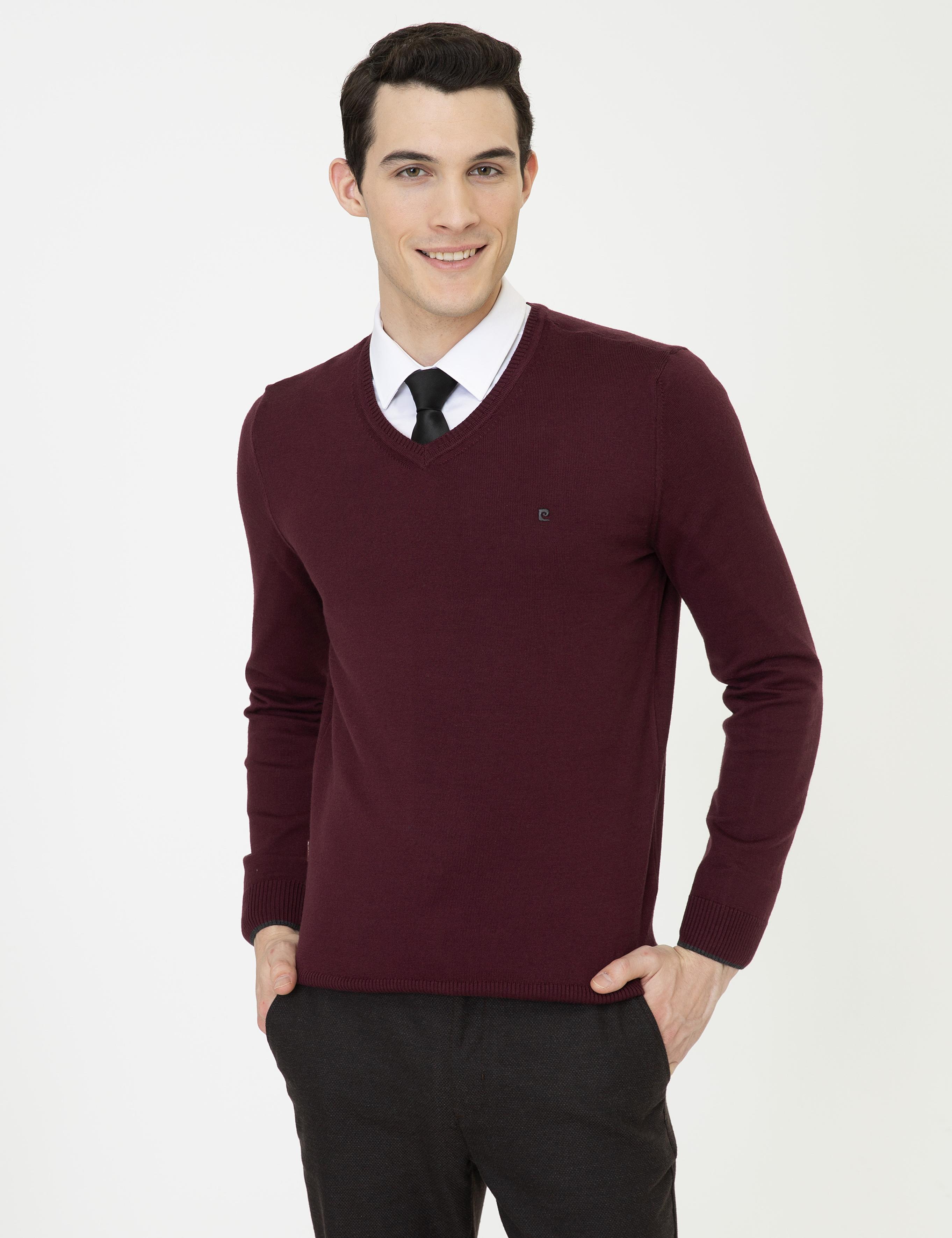 Bordo Slim Fit V Yaka Basic Triko Kazak