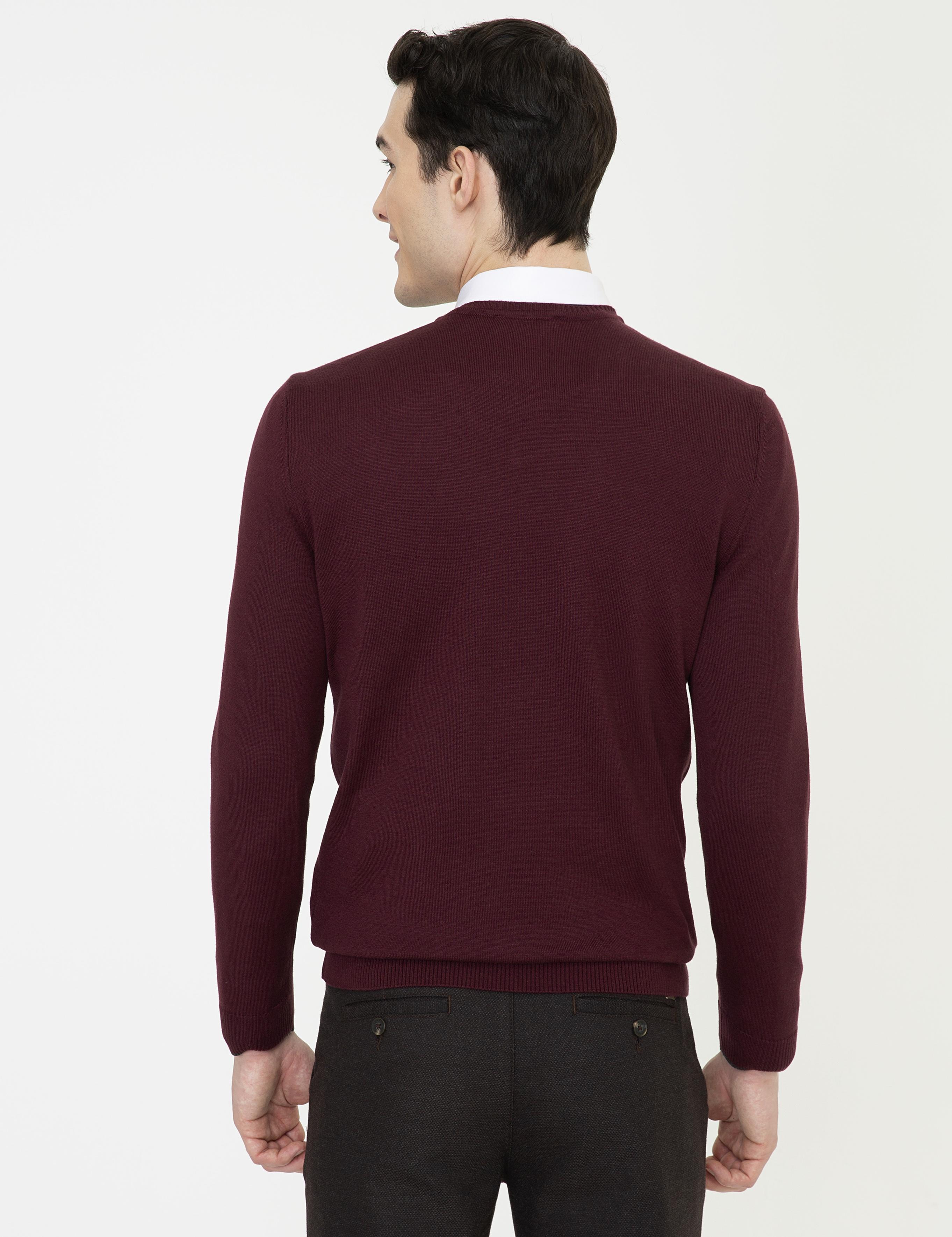Bordo Slim Fit V Yaka Basic Triko Kazak