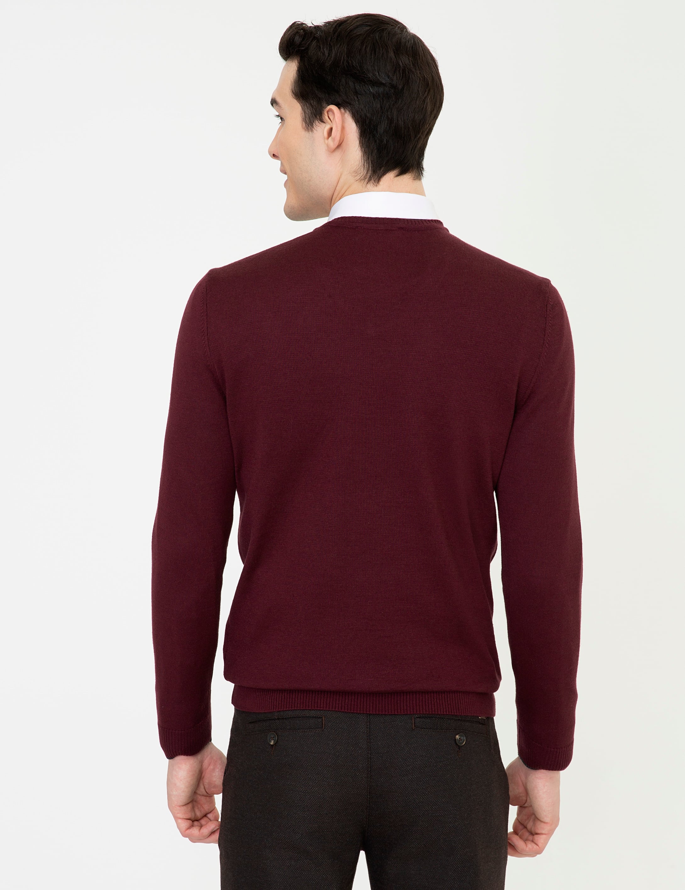 Bordo Slim Fit V Yaka Basic Triko Kazak