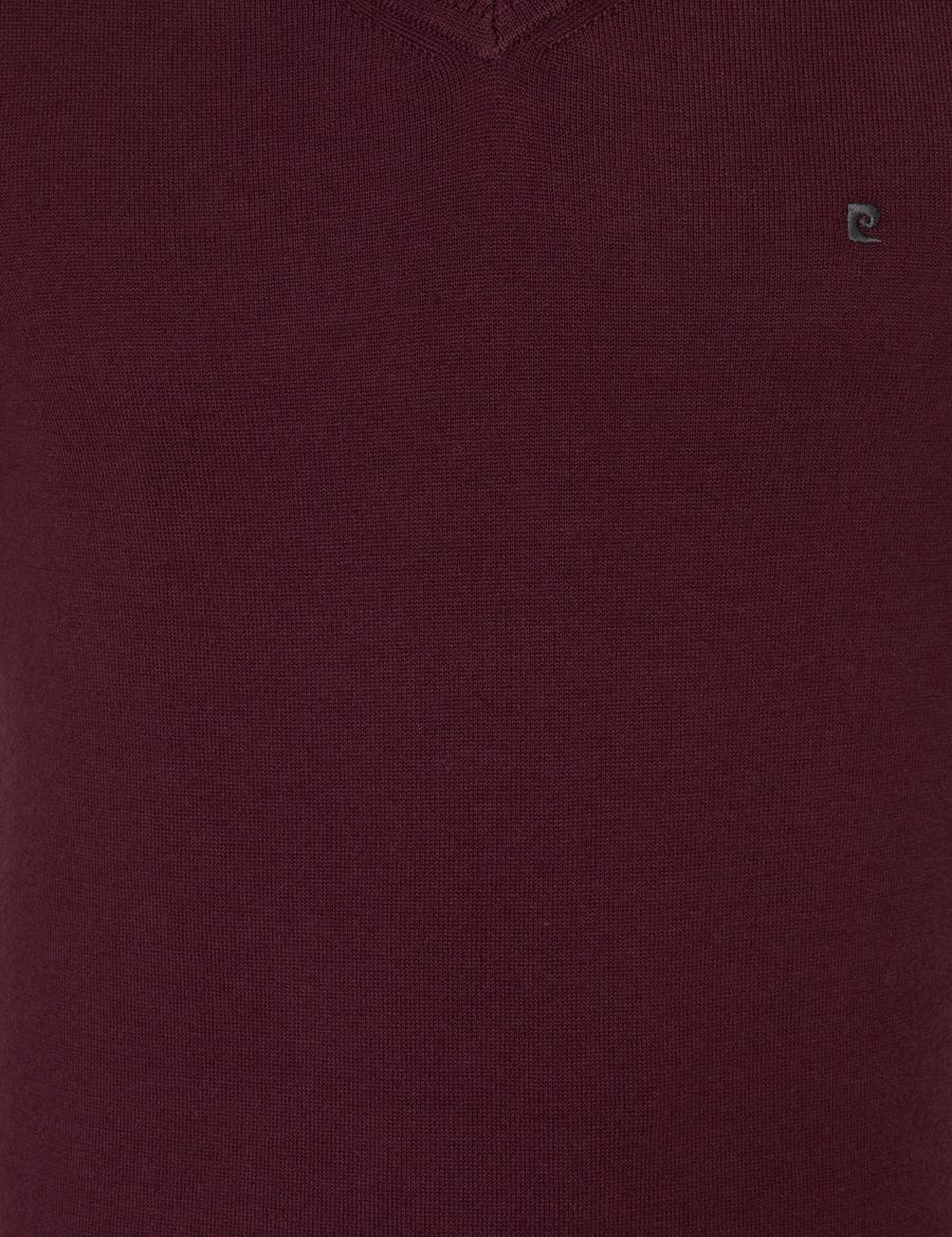 Bordo Slim Fit V Yaka Basic Triko Kazak