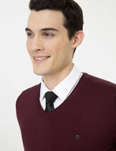 Bordo Slim Fit V Yaka Basic Triko Kazak