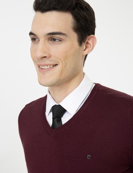 Bordo Slim Fit V Yaka Basic Triko Kazak - 50248554028