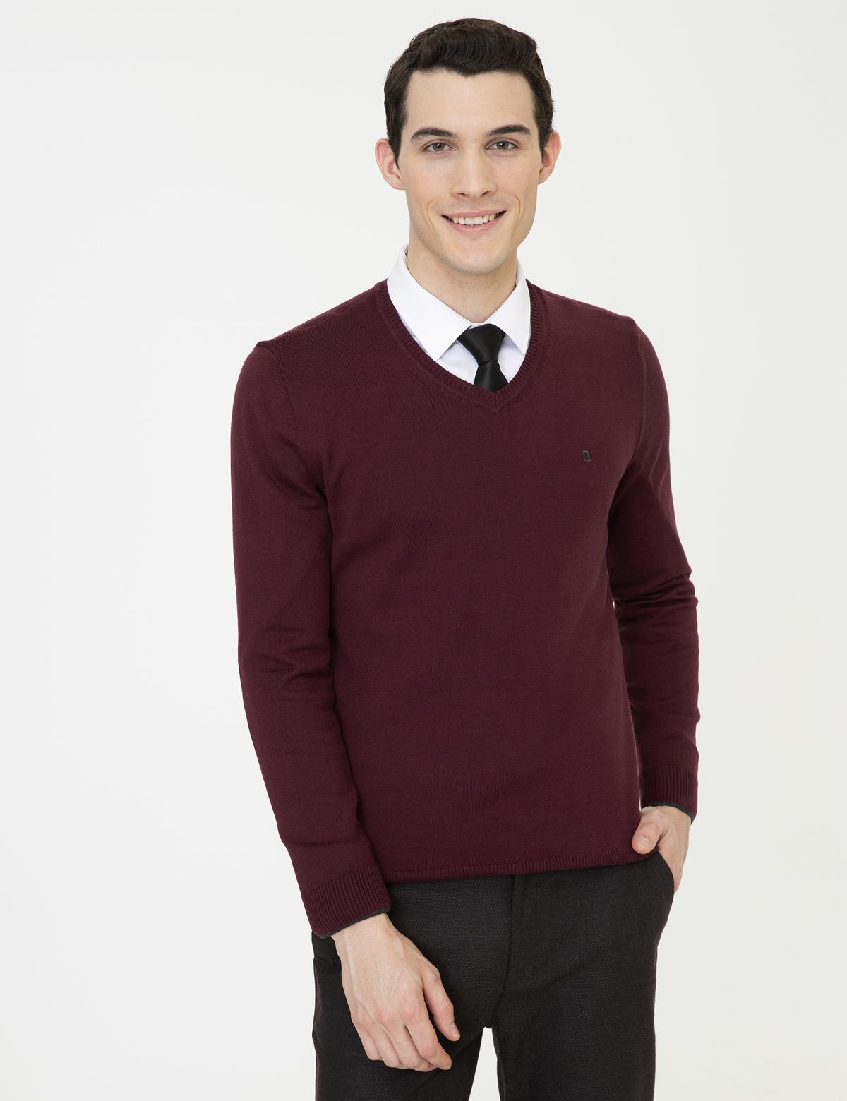 Bordo Slim Fit V Yaka Basic Triko Kazak - 50248554028