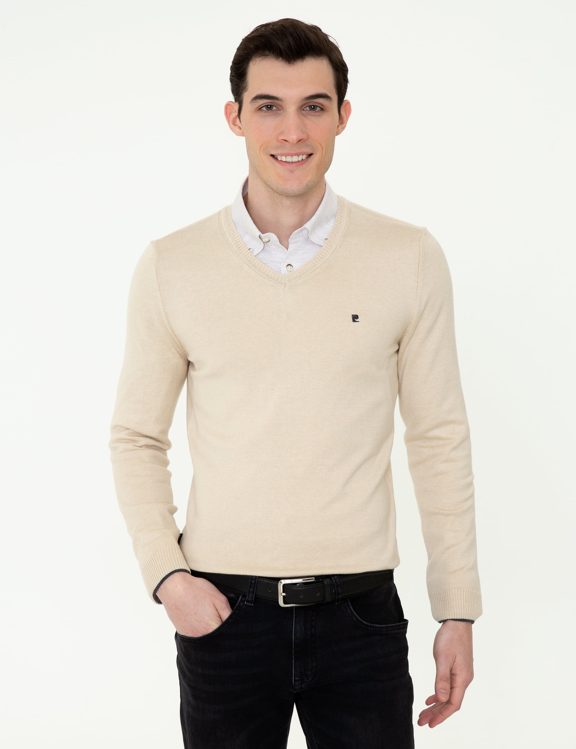 Taş Slim Fit V Yaka Basic Triko Kazak - Image 1