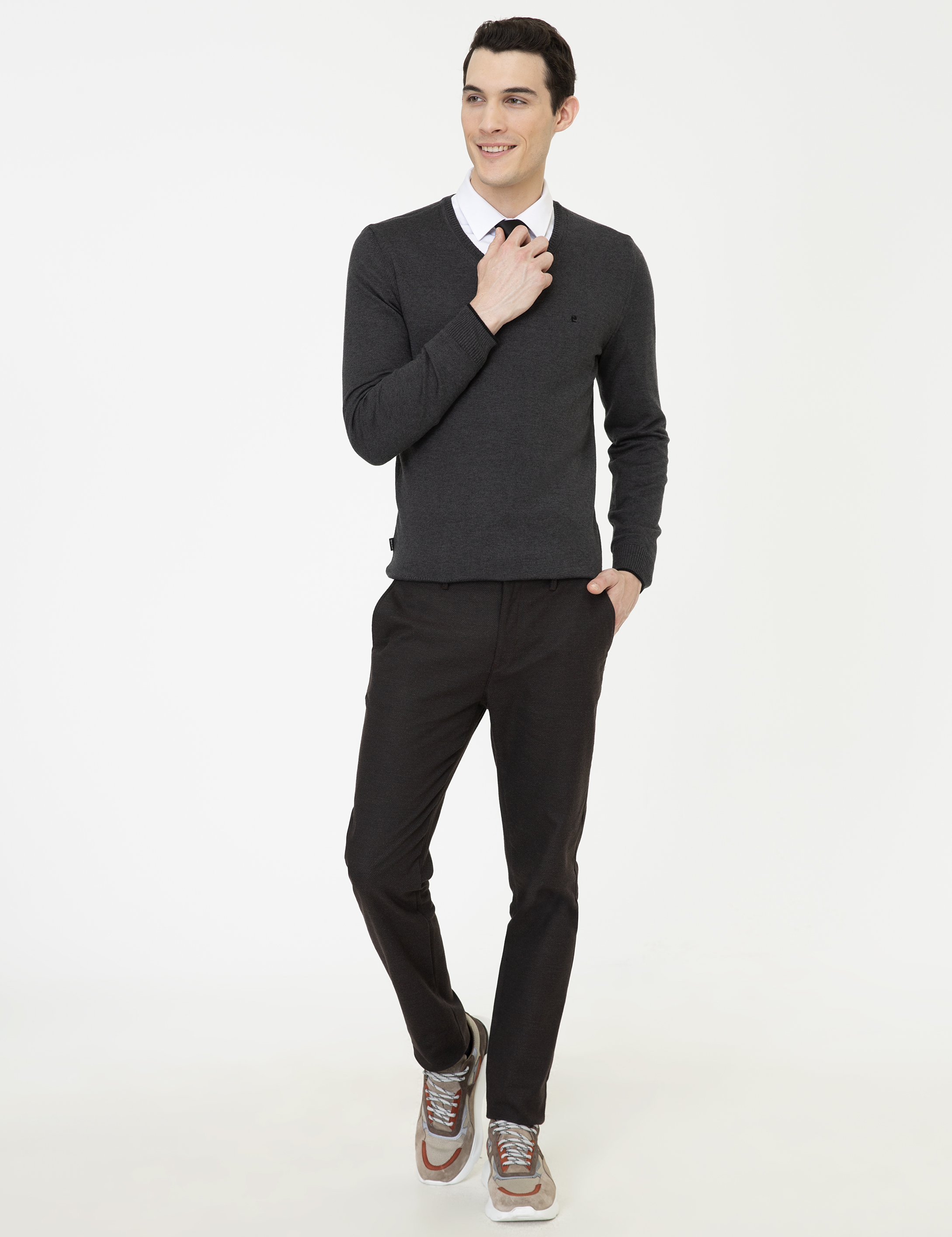 Antrasit Melanj Slim Fit V Yaka Basic Triko Kazak - Image 5
